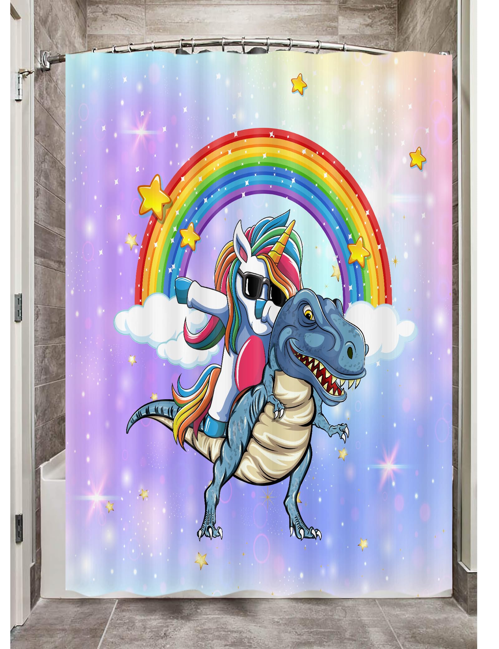 Funny Unicorn Riding Dinosaur Camper Shower Curtain Set - 47x64 Inch Small Narrow Travel Trailer Bathroom Decor with Hooks | Perfect for RV, Camping & Outdoor Adventures - Happy Camping Accessories