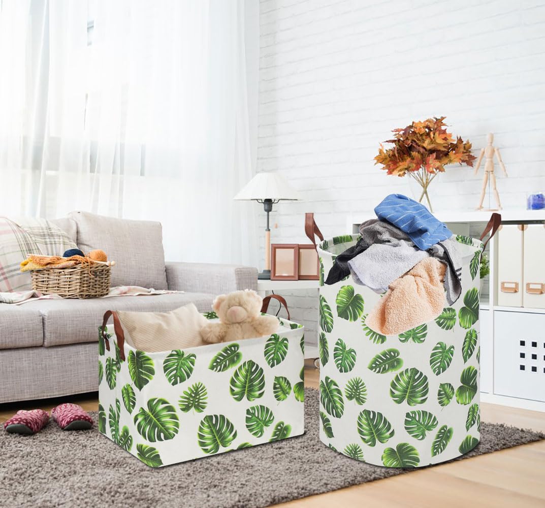 HKEC Rectangle Storage Basket with Handles - Collapsible Kids Toy Organizer, Baby Clothes & Book Storage Bin, Foldable Gift Basket (Green Monstera) - Perfect for Nursery, Playroom & Home Organization