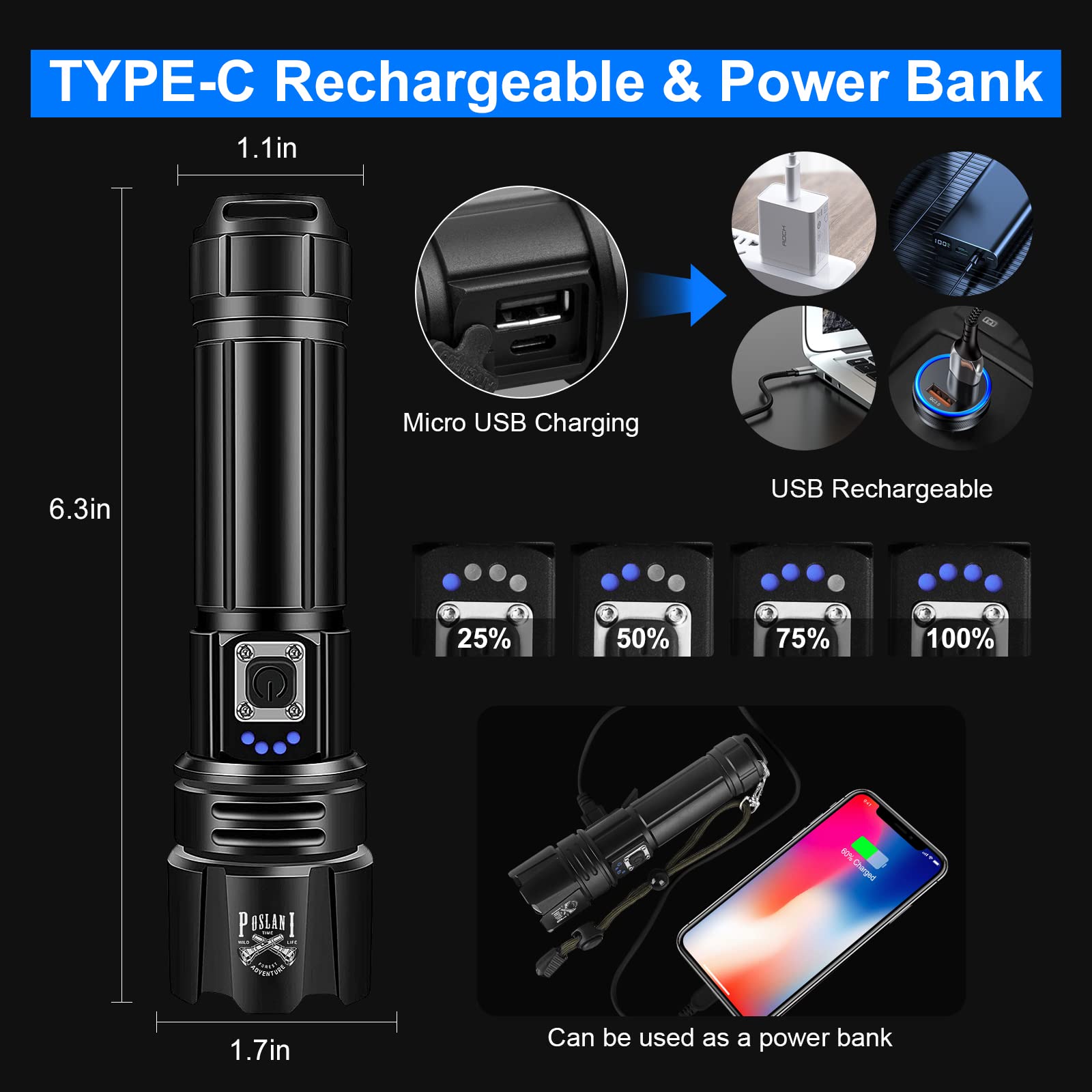 950,000 Lumens Rechargeable LED Flashlight - Ultra Bright Tactical Flashlight with Waterproof Design for Camping, Emergency, Hiking & Outdoor Adventures | Perfect Gift for Men & Survival Enthusiasts