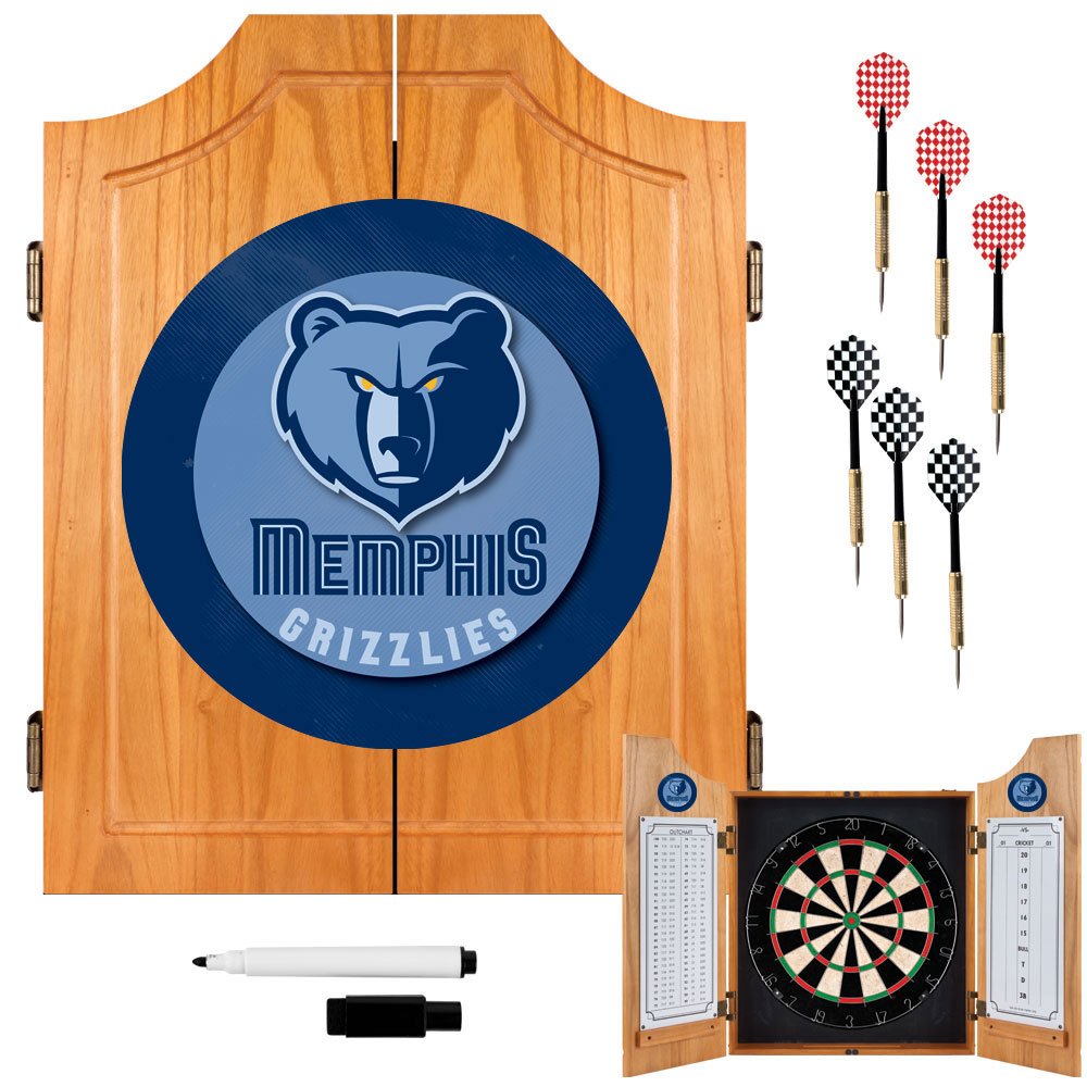Memphis Grizzlies NBA Wooden Dartboard Cabinet Set with Darts - Perfect for Game Rooms, Man Caves & Sports Bars