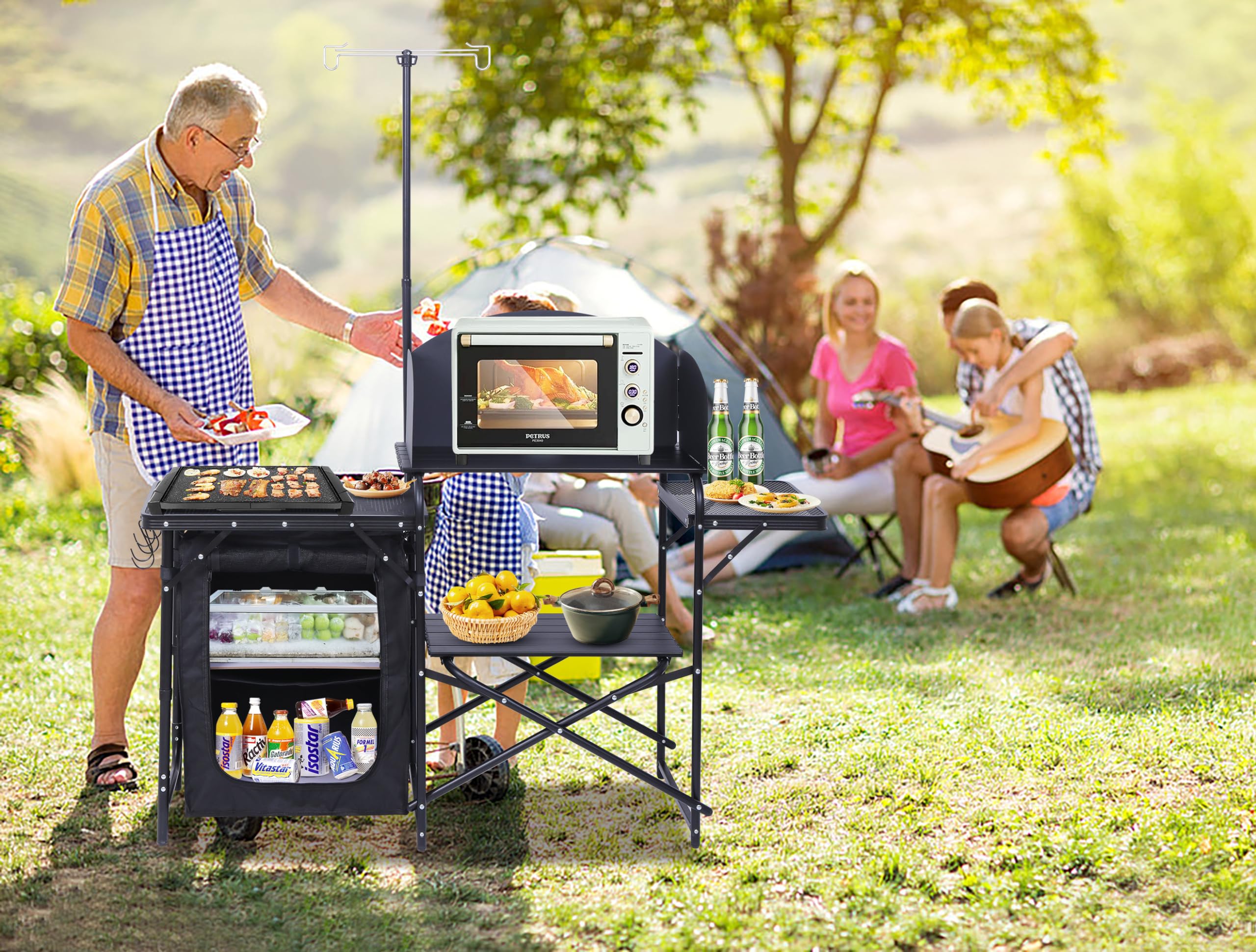 Premium Portable Camping Kitchen Station - Foldable Picnic Table & Grill Stand with Light & Windshield - Compact Cooking Organizer for Outdoor, Beach, BBQ & Tailgating - Includes Carry Bag (Black)