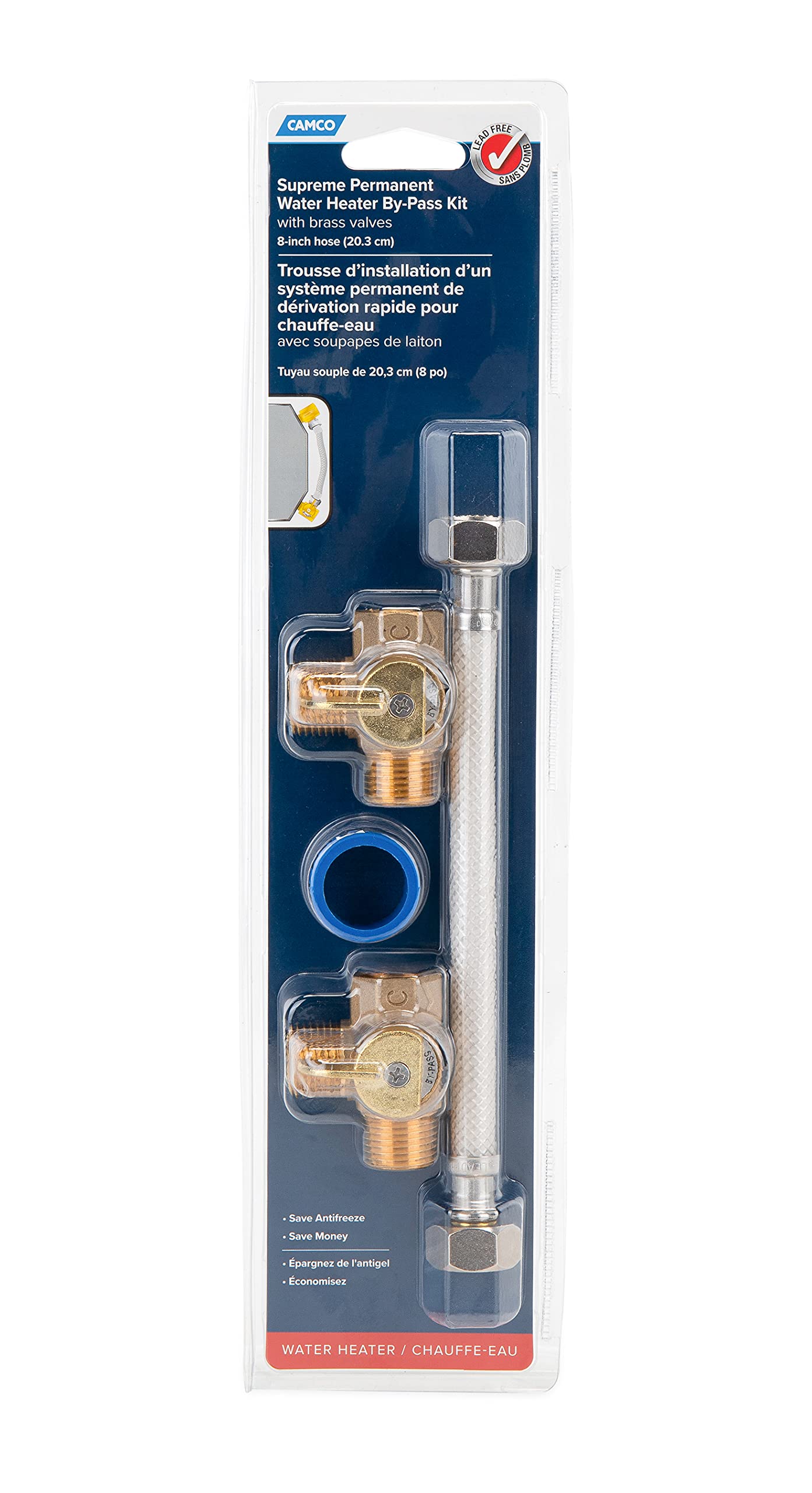 Camco RV Water Heater Bypass Kit - Winterizing Kit for Campers with 8-Inch Nylon Reinforced Hose & 2 Brass Valves (Model 35953) | Perfect for RV Winterization & Water Heater Maintenance