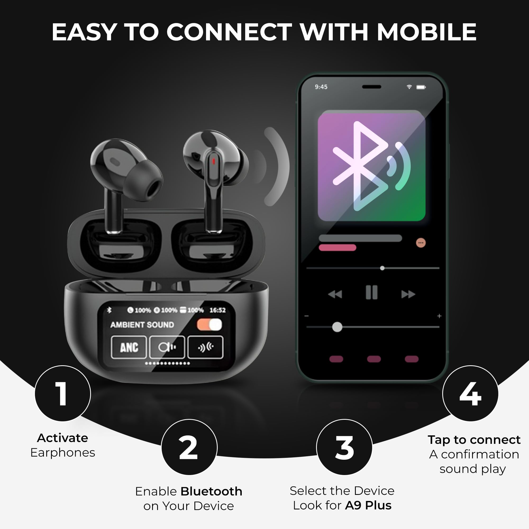 Wireless Bluetooth 5.4 Earbuds with Active Noise Cancelling, Touch Control & Transparency Mode - Premium Black Stereo Headphones for Workout, Travel & Office Use