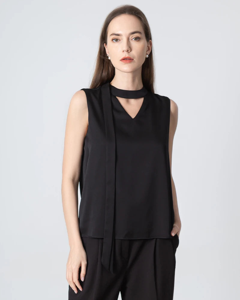 Elegant V-Neck Tie Front Sleeveless Silk Blouse for Women - Perfect for Office Wear, Date Night & Special Occasions