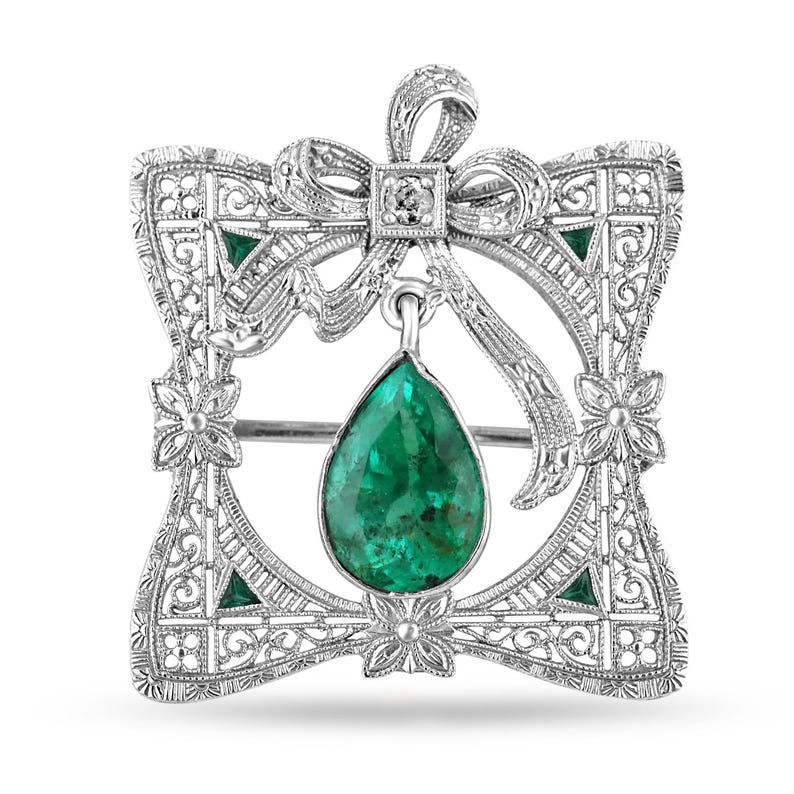 2.65tcw 14K Gold Colombian Emerald Pear Cut & Diamond Vintage Pendant Brooch - Elegant Jewelry for Weddings, Anniversaries & Special Occasions