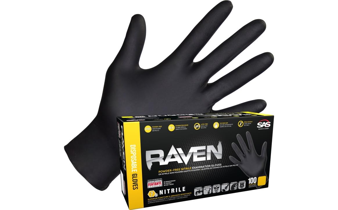 SAS Safety 66518 Raven Powder-Free Disposable Black Nitrile Gloves - 6 Mil Thickness, Large Size, Case of 10 Pairs - Ideal for Medical, Laboratory, Tattoo, Cleaning & Automotive Work