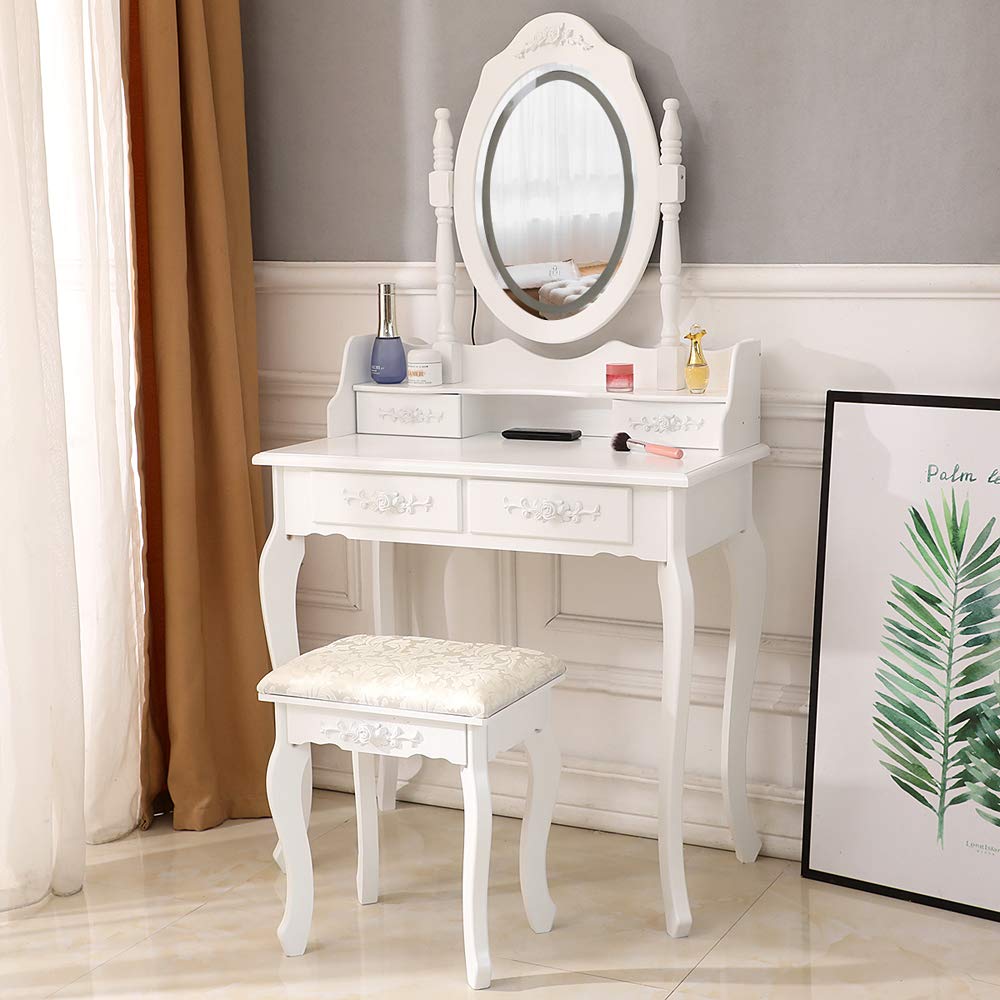 Stylish HOMEN Vanity Table Set with LED Mirror & 4 Drawers - Perfect for Bedroom Makeup Dressing & Beauty Organization