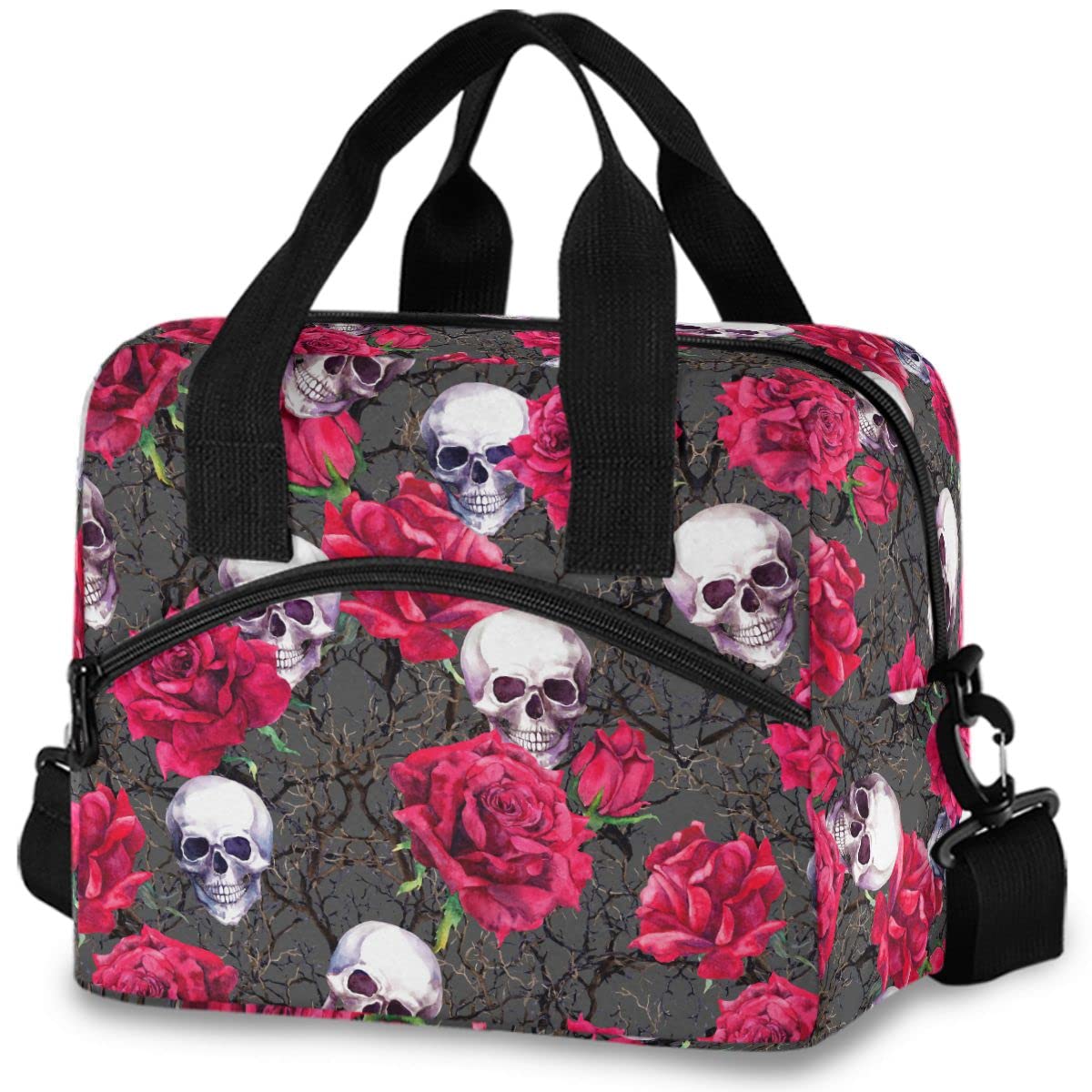 Insulated Lunch Bag with Skulls & Rose Design - Reusable Leakproof Cooler Tote for Women & Men - Perfect for Work, School, Picnics & Outdoor Activities