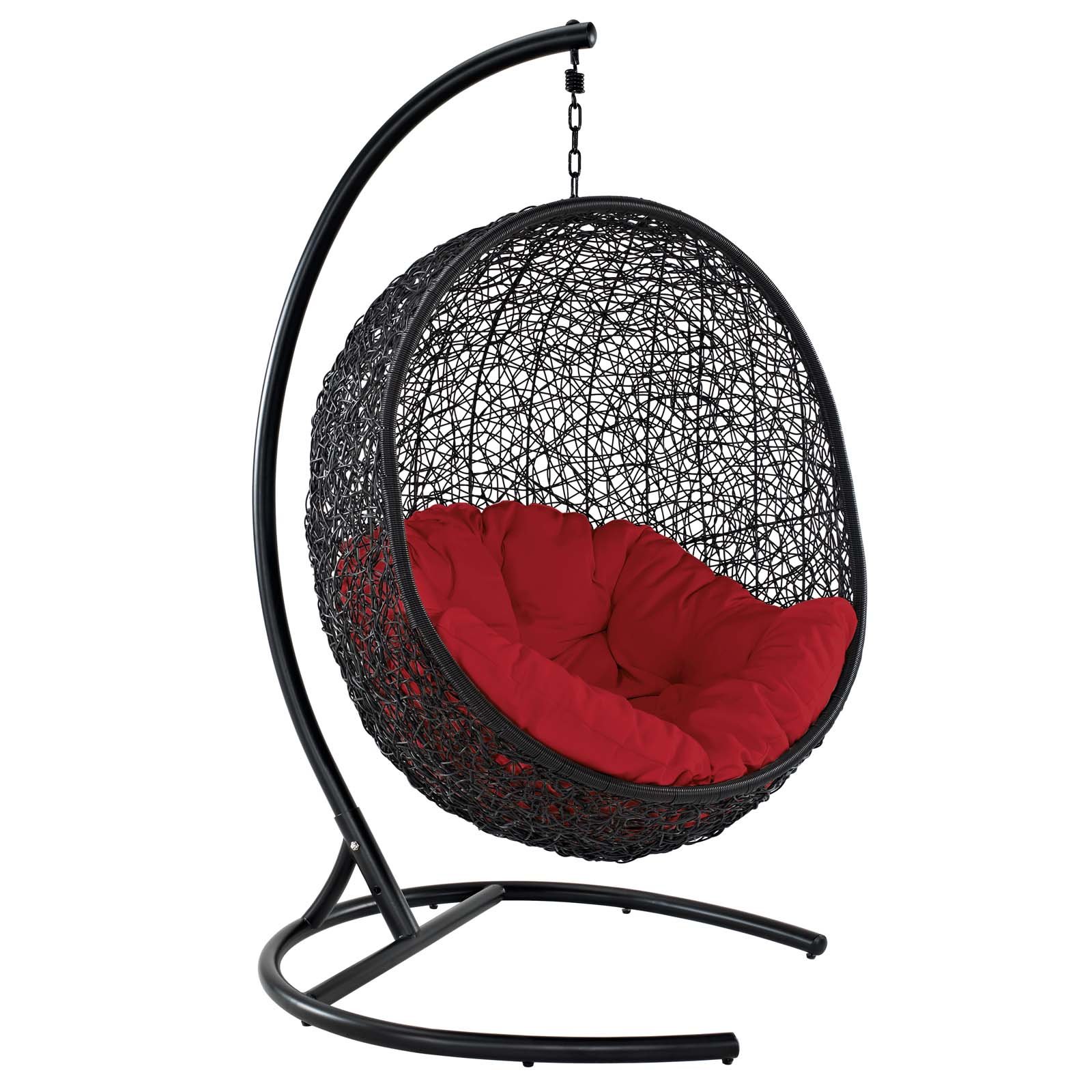 Modern Contemporary Urban Design Outdoor Patio Balcony Garden Swing Lounge Chair - Rattan Wicker Red - Perfect for Relaxing in Small Spaces, Backyards, and Rooftop Gardens