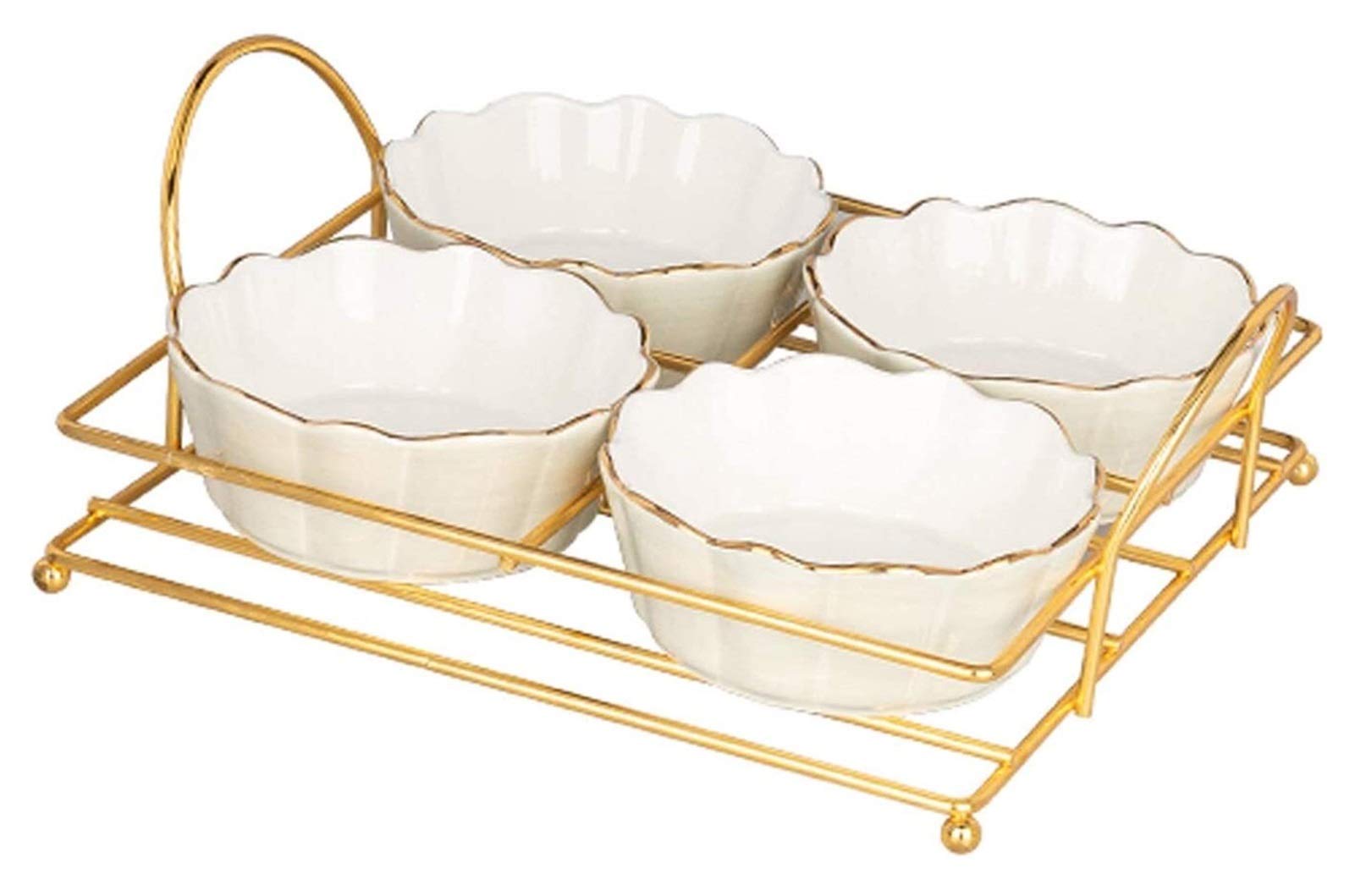 4-Piece Ceramic Dip Bowls Set with Metal Tray - Multipurpose Dipping Sauce Dishes for Condiments, Snacks, Fruits - Durable White Serving Bowls for Parties, BBQ, Sushi & Home Dining