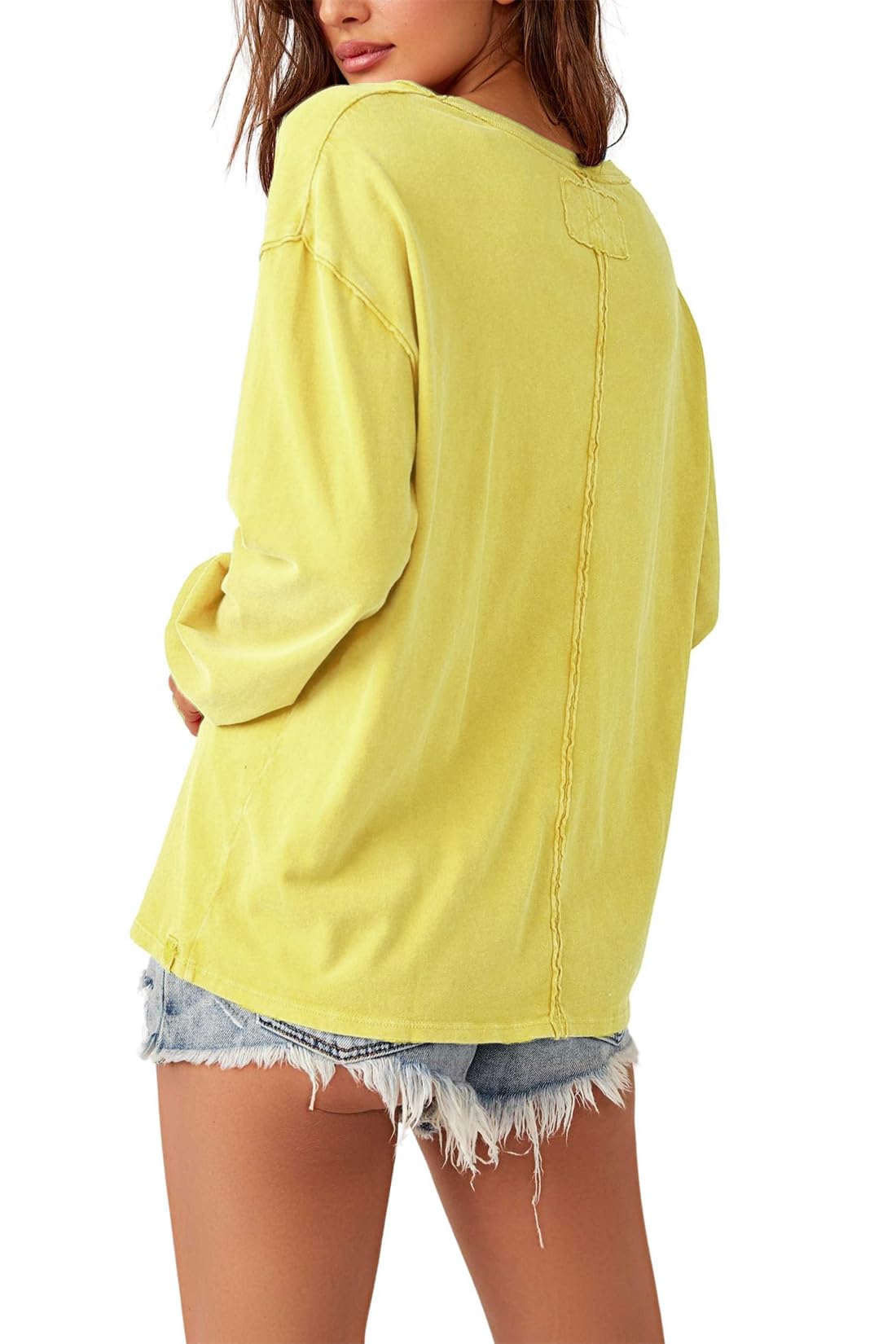 Allimy Women's Long Sleeve Distressed Pocket T-Shirt - Spring Fashion 2025 Crewneck Casual Top for Streetwear, Layering & Everyday Outfits