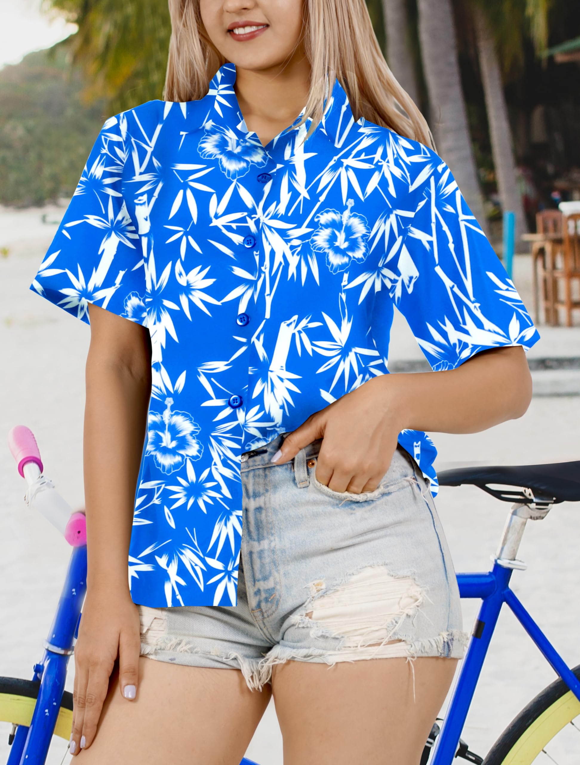 LA LEELA Women's Hawaiian Short Sleeve Blouse - Floral Beach Shirt for Summer Vacation, Pool Party & Tropical Getaway