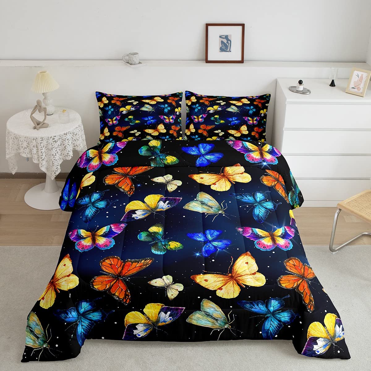 Rainbow Butterfly Comforter Set for Kids - Psychedelic Galaxy Bedding with 3D Colorful Butterflies Print - Twin Size Duvet Cover & Pillowcase - Soft Bedroom Decor for Boys & Girls - Perfect for Kids' Room, Nursery, or Dorm Decor