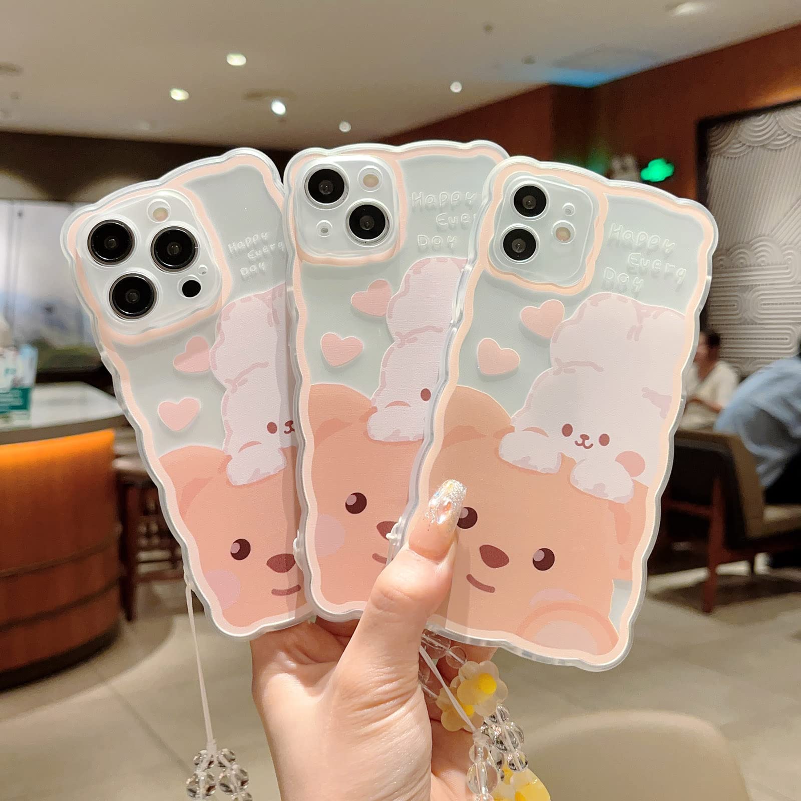 Cute Cartoon Little Bear Rabbit iPhone 12 Pro Max Case - Soft TPU Transparent Phone Cover with Aesthetic Kawaii Chain Design for Women & Girls | Perfect for Daily Use, School, Work & Travel