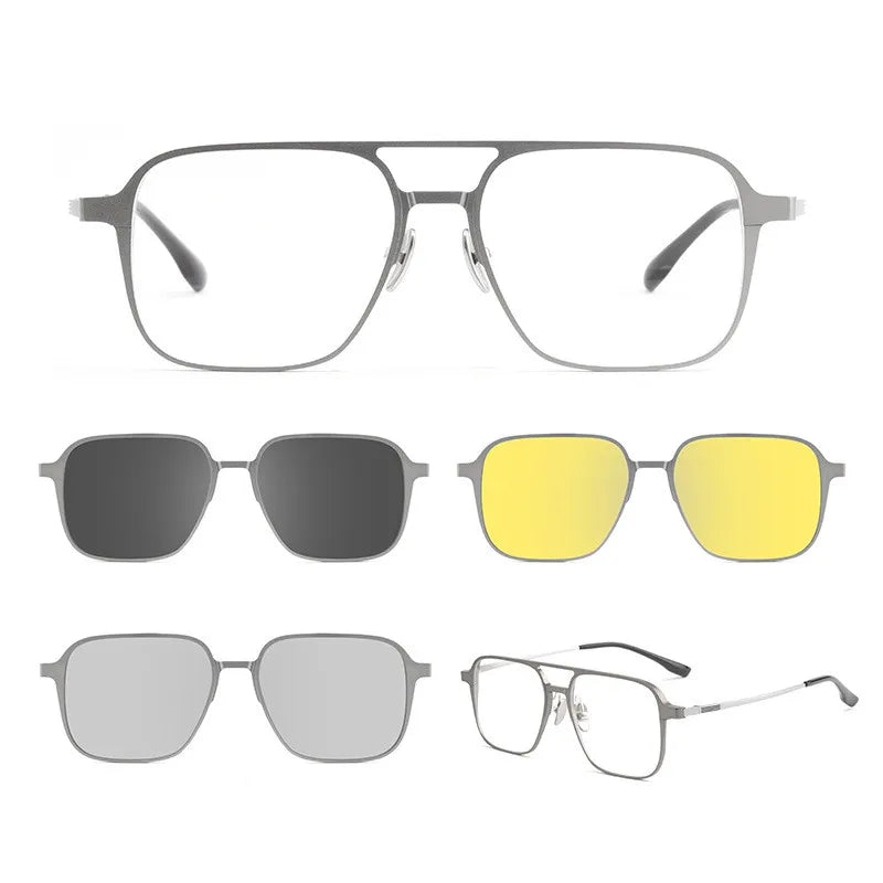 Men's Titanium Full Rim Square Double Bridge Eyeglasses with Clip-On Sunglasses - Stylish & Durable for Work, Driving, and Outdoor Activities (Model 99084)