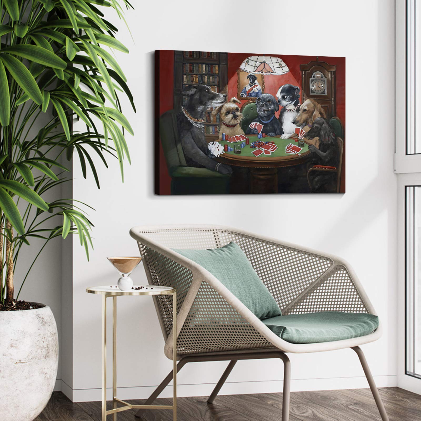 Denozer - Dogs Playing Poker by Cassius Marcellus Coolidge Oil Painting Reproduction - Premium Giclee Canvas Print - 40x30 inches - Ready to Hang Wall Art for Game Room, Man Cave & Entertainment Space Decor