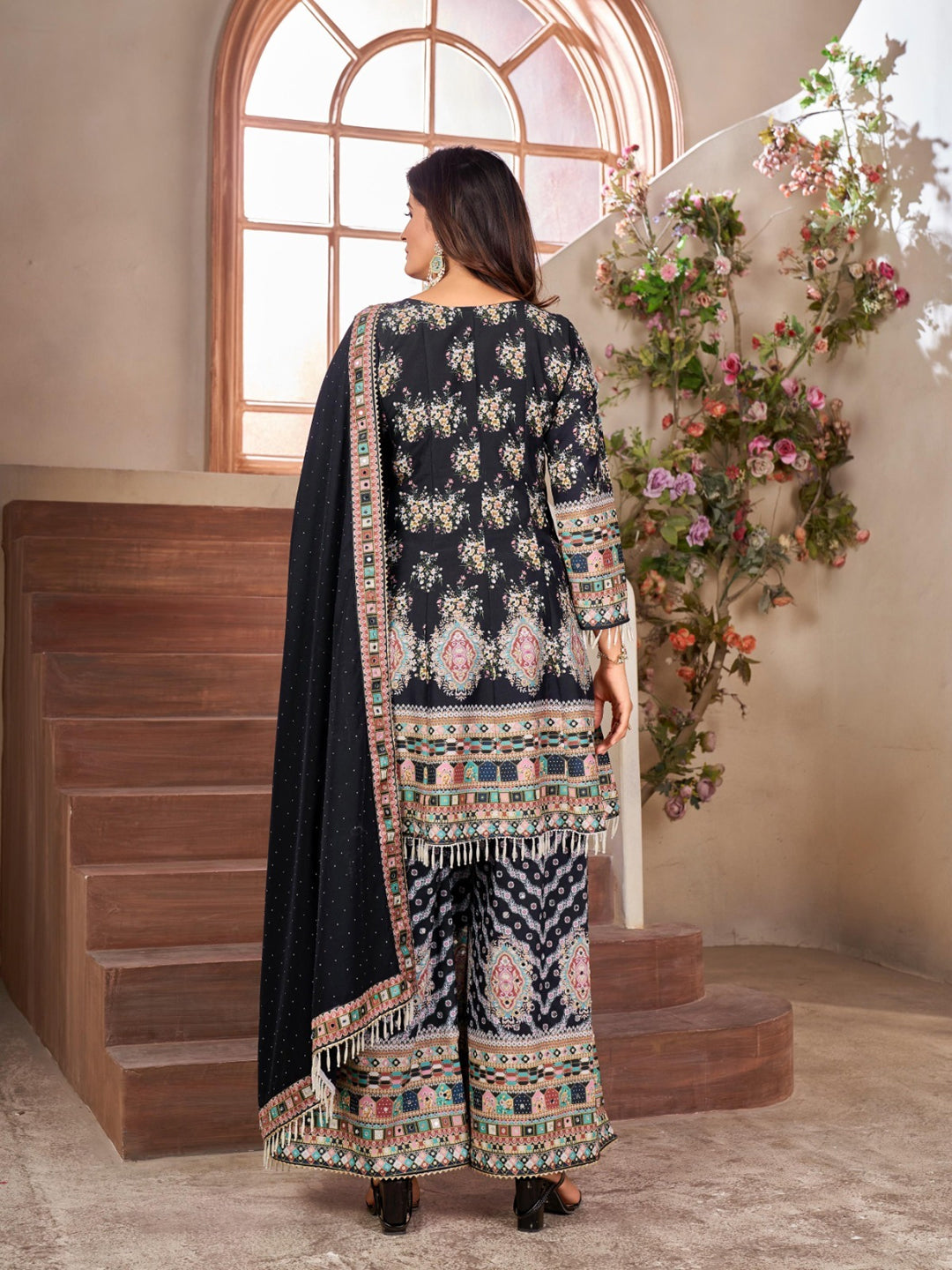 Elegant Black Traditional Designer Palazzo Suit with Heavy Fancy Real Mirror Hand Embroidery - Perfect for Weddings, Parties & Festive Occasions