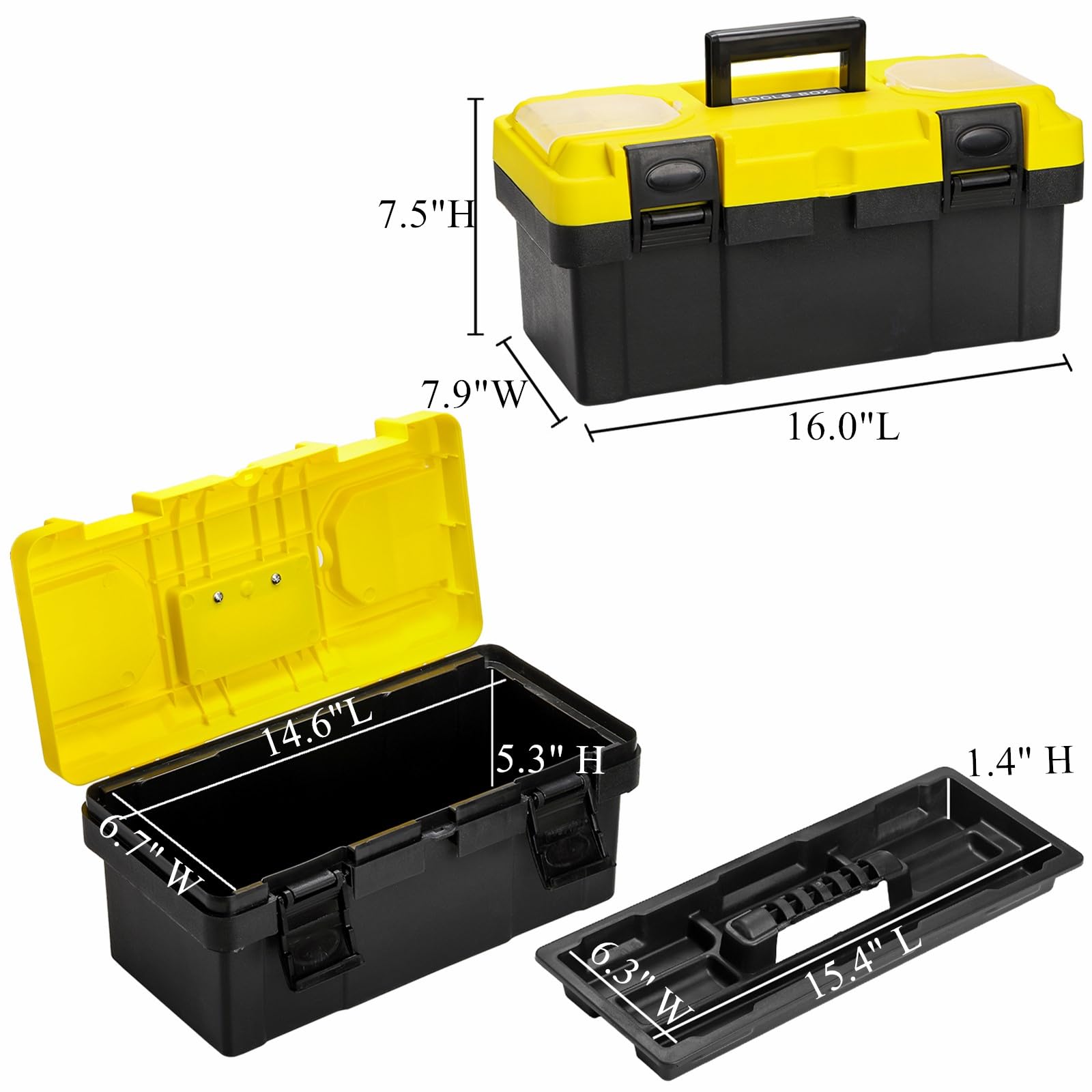 16-Inch Heavy Duty Plastic Tool Box with Handle & Removable Tray - Portable Tool Organizer for Home, Garage, Workshop & DIY Projects - Durable Black & Yellow Storage Case for Tools, Hardware & Supplies