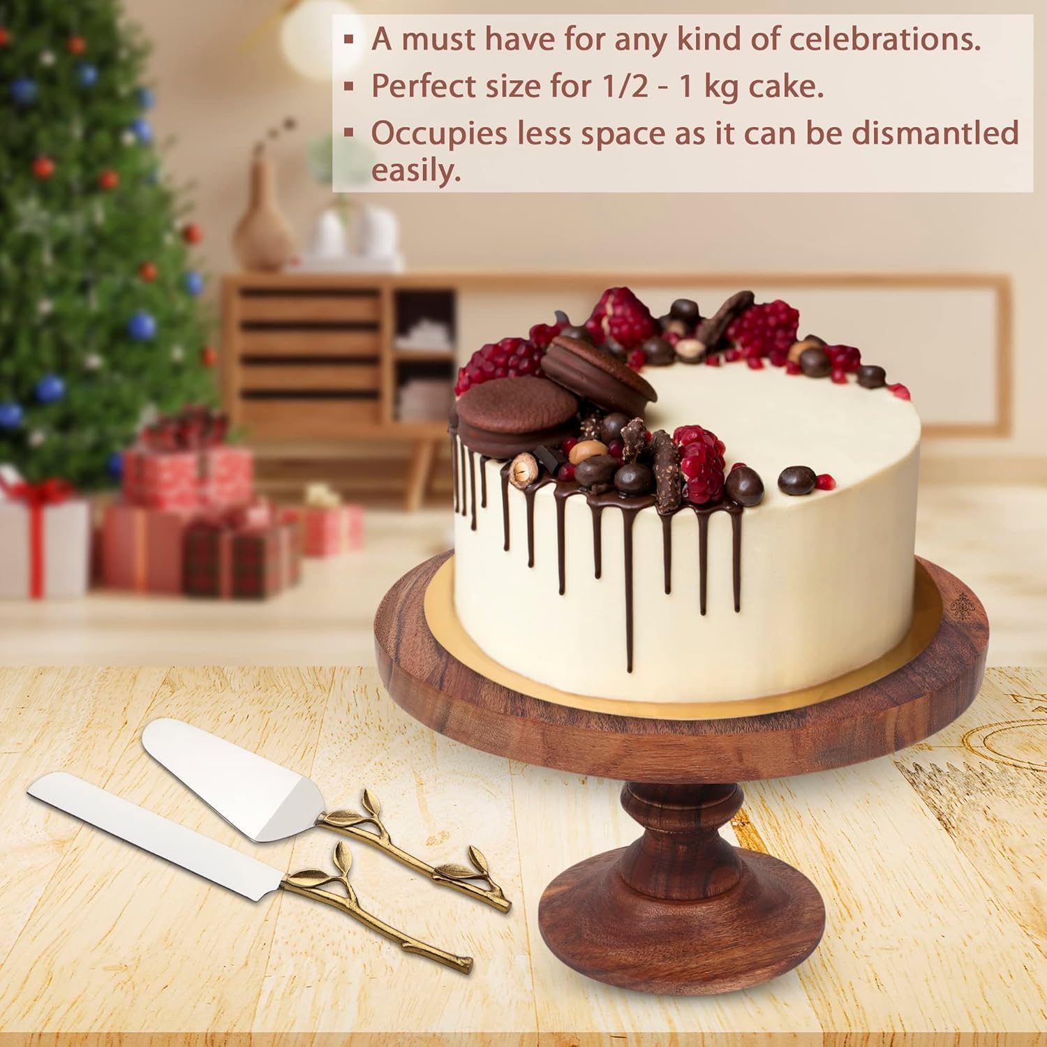 Webbs Brown Birch Folding Cake Stand - Wooden Multipurpose Serving Tray for Pizza, Desserts, Pastries & Snacks | Perfect for Parties, Tea Time & Kitchen Display