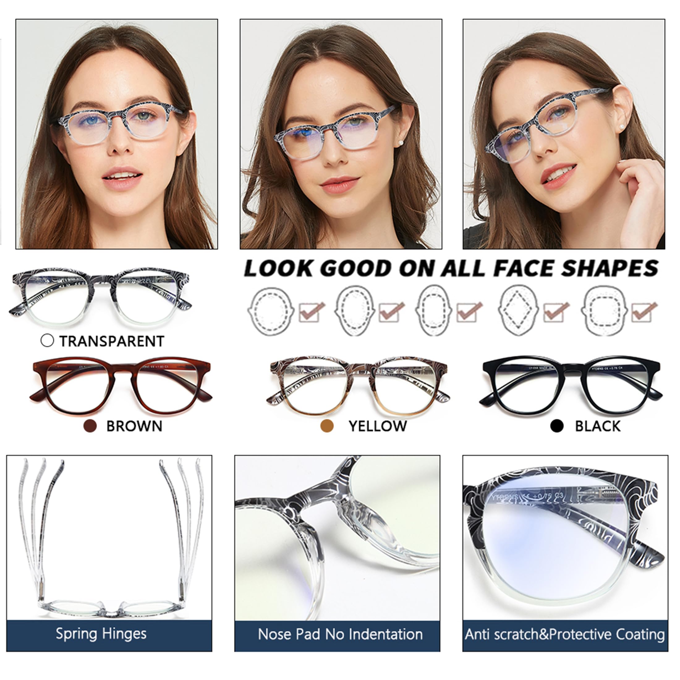 4 Pack Blue Light Blocking Reading Glasses for Men & Women - Stylish Computer Glasses with Spring Hinge (0.75 Magnification) - Perfect for Office, Reading & Screen Time
