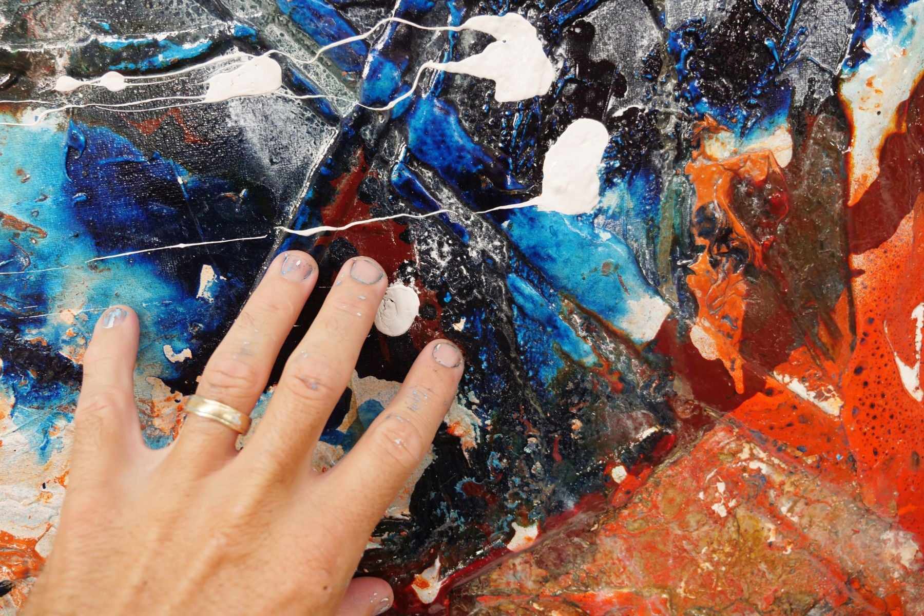 190cm x 100cm White Orange Blue Textured Abstract Canvas Painting for Overlanding - Modern Wall Art for RV, Camper Van & Adventure Vehicle Decor