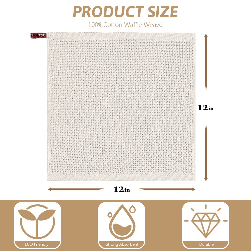 Nialnant 6 Pack 100% Cotton Waffle Weave Kitchen Towels - Super Soft & Highly Absorbent Dish Cloths for Washing Dishes (12x12 Inches, Beige) - Perfect for Kitchen Cleaning, Drying Hands & Dishes, and Household Chores