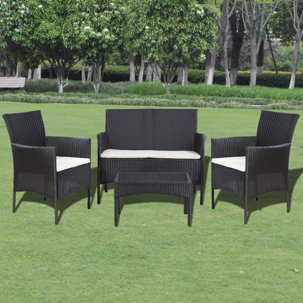 4-Piece Patio Lounge Set with Weather-Resistant Cushions - Black Poly Rattan Outdoor Furniture for Garden, Poolside & Backyard Relaxation