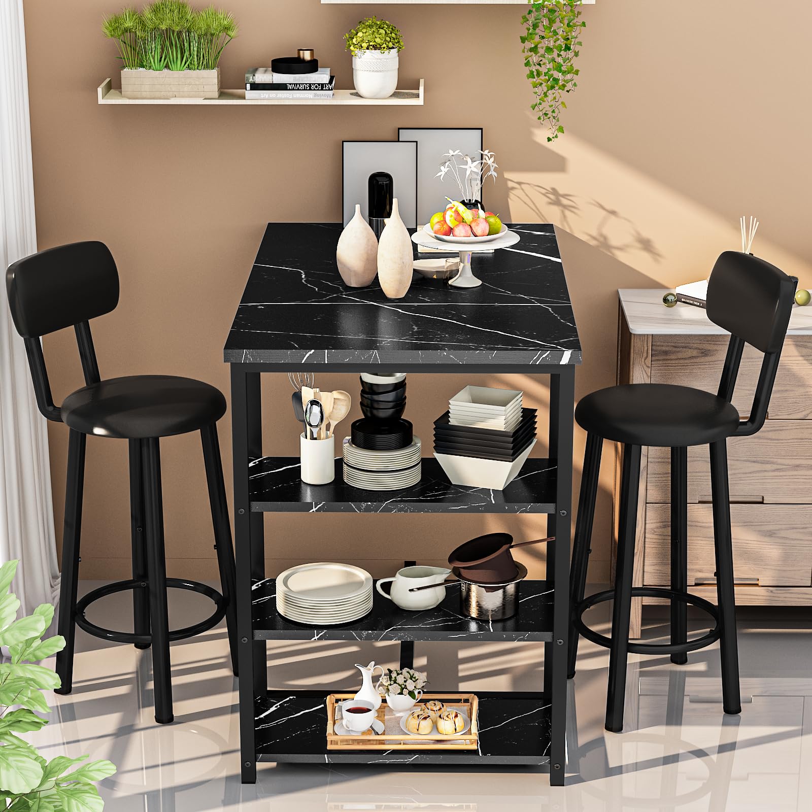 2-Piece Counter Height Pub Table Set with 2 PU Leather Bar Stools & 3 Storage Shelves - Small Space Dining Solution for Kitchen, Bar or Apartment | Perfect for Entertaining, Breakfast Nook & Compact Living Spaces