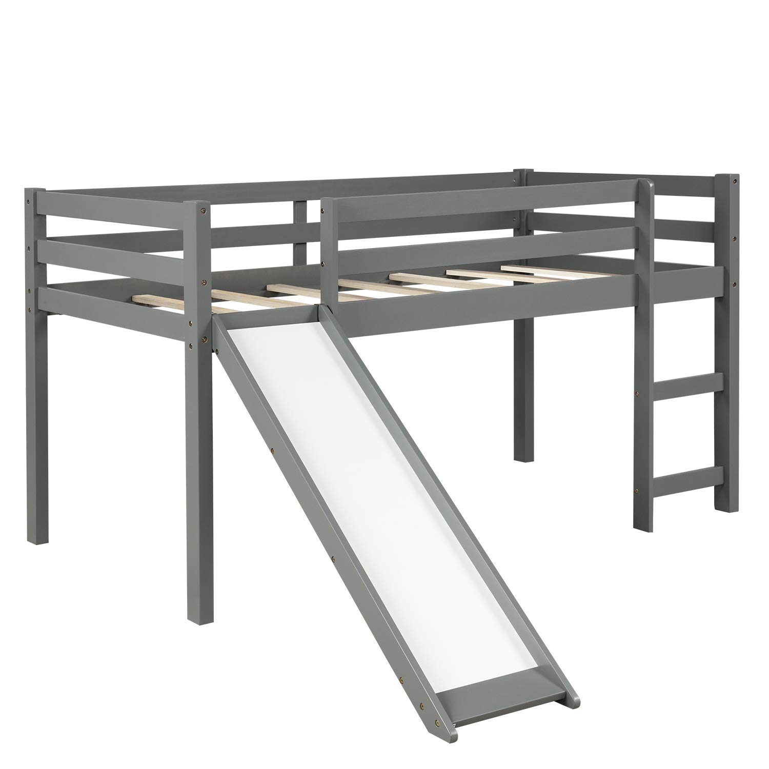 Kids Twin Loft Bed with Slide & Ladder - Multifunctional Wooden Low Profile Mini Loft Bed for Children's Room - Perfect for Small Spaces, Playrooms & Sleepovers (Gray)