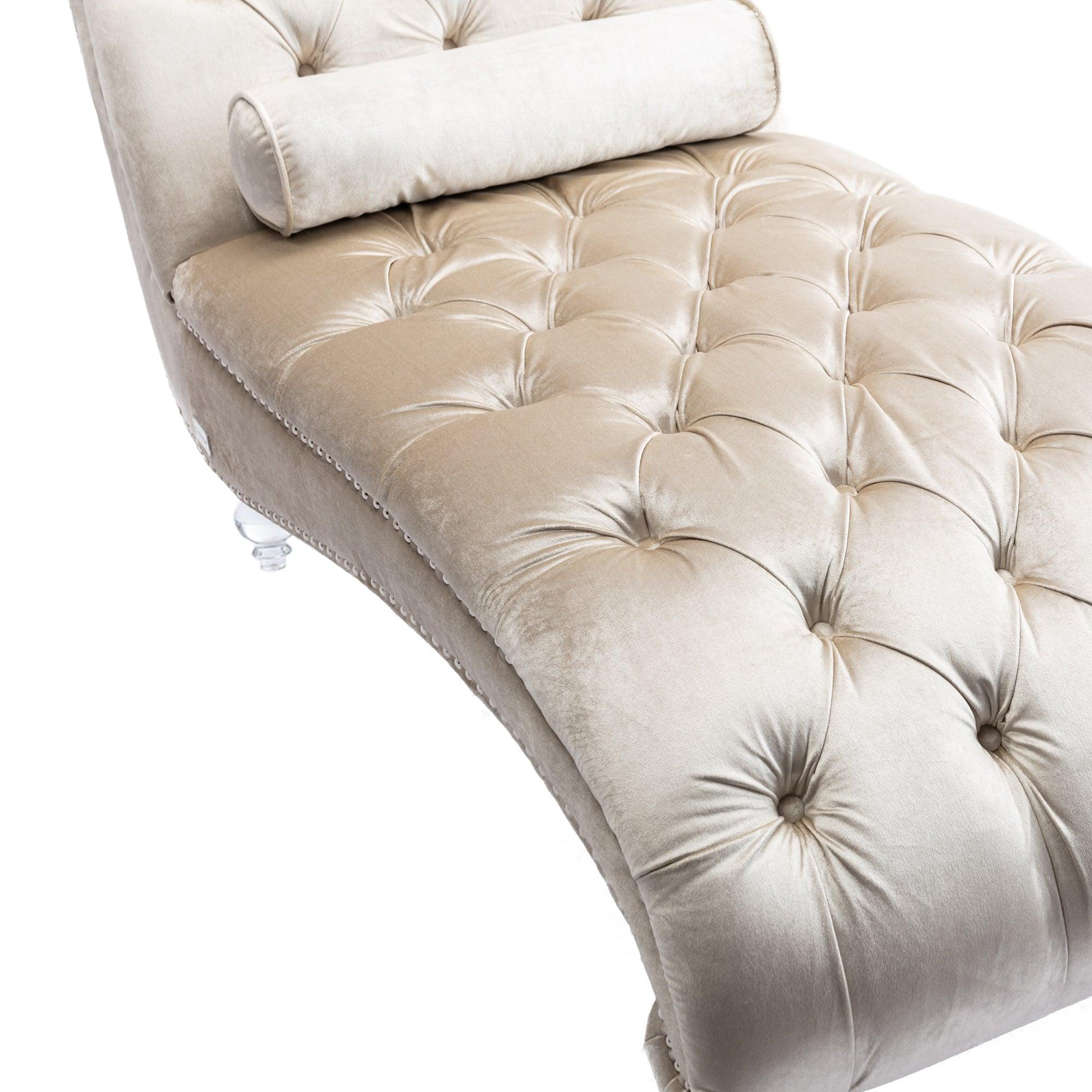 Luxury Velvet Chaise Lounge Chair - Button Tufted Upholstered Sofa with Pillow for Bedroom, Living Room & Office - Elegant Beige Velvet - Perfect for Relaxing, Reading & Home Decor