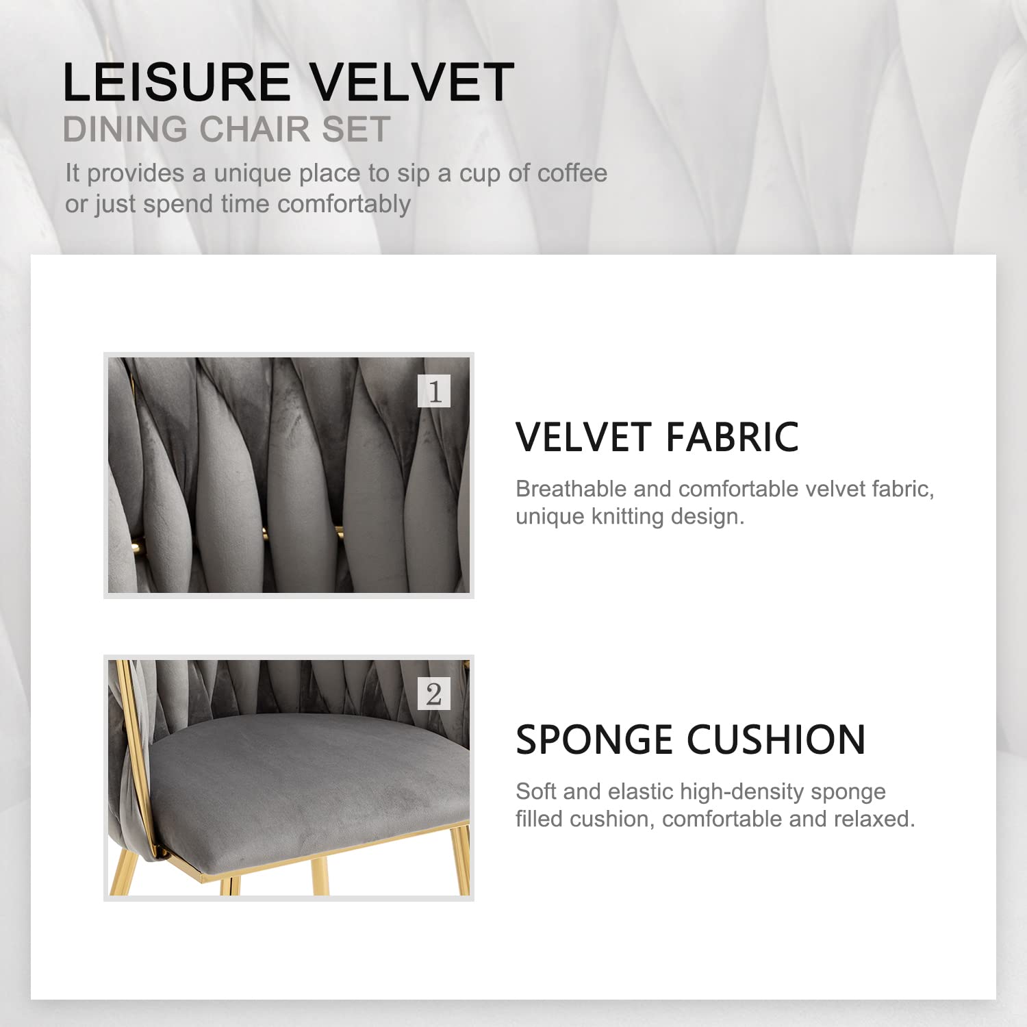 Velvet Dining Chairs Set of 4 - Modern Woven Upholstered Accent Chairs with Gold Metal Legs for Living Room, Dining Room & Kitchen - Soft Grey Velvet Seating - Perfect for Home Decor, Dinner Parties & Cozy Gatherings