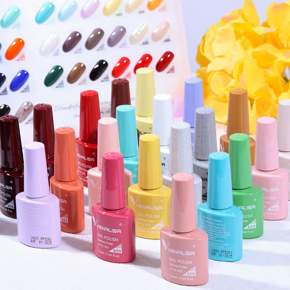 VENALISA VIP4 65-Piece Gel Nail Polish Kit with Color Book - Red, Pink, Orange, Green Soak Off UV Gel Polish Set for Salon & DIY Home Manicure | Perfect for Nail Art, Parties, Weddings & Gift Giving