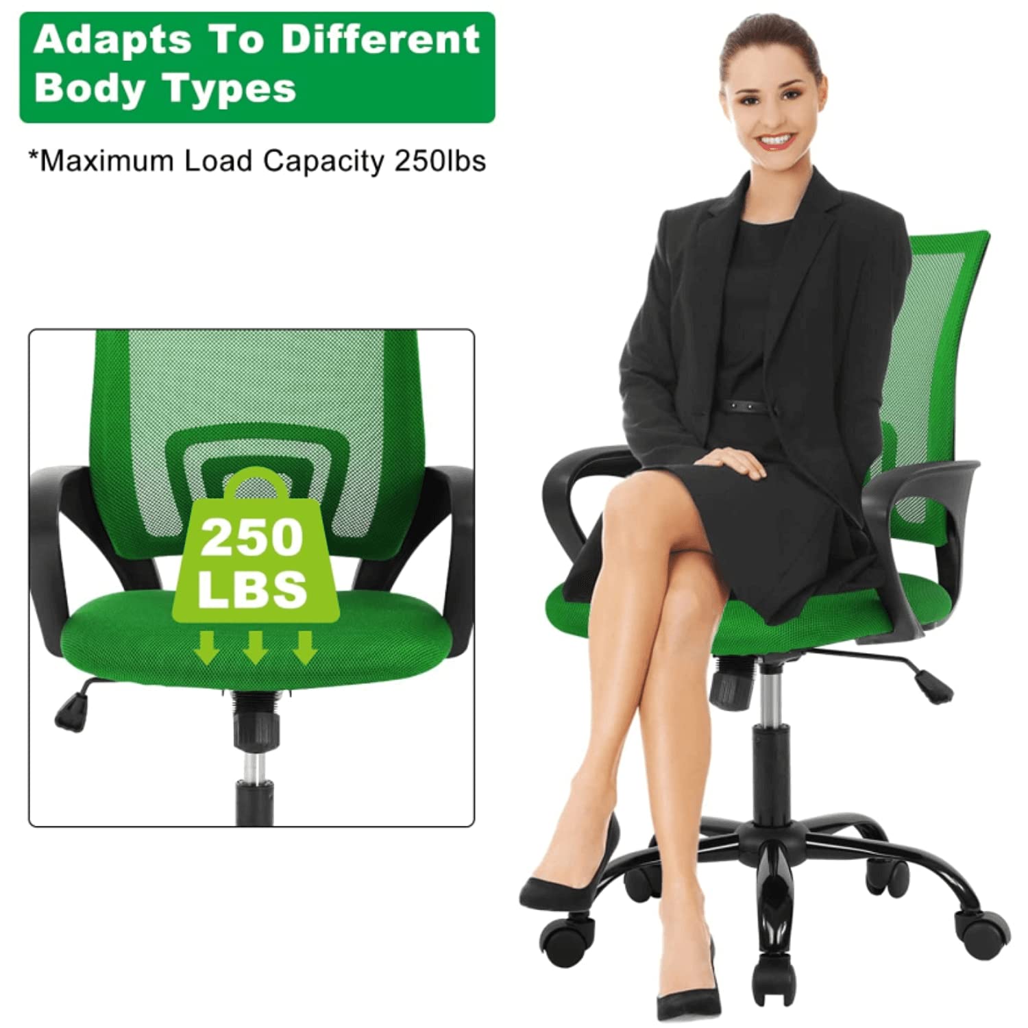 Ergonomic Mesh Office Chair with Lumbar Support & Adjustable Armrests - Mid Back Computer Desk Chair with Swivel & Rolling Wheels for Home Office - Green Executive Task Chair for Long Work Hours & Comfortable Workspace