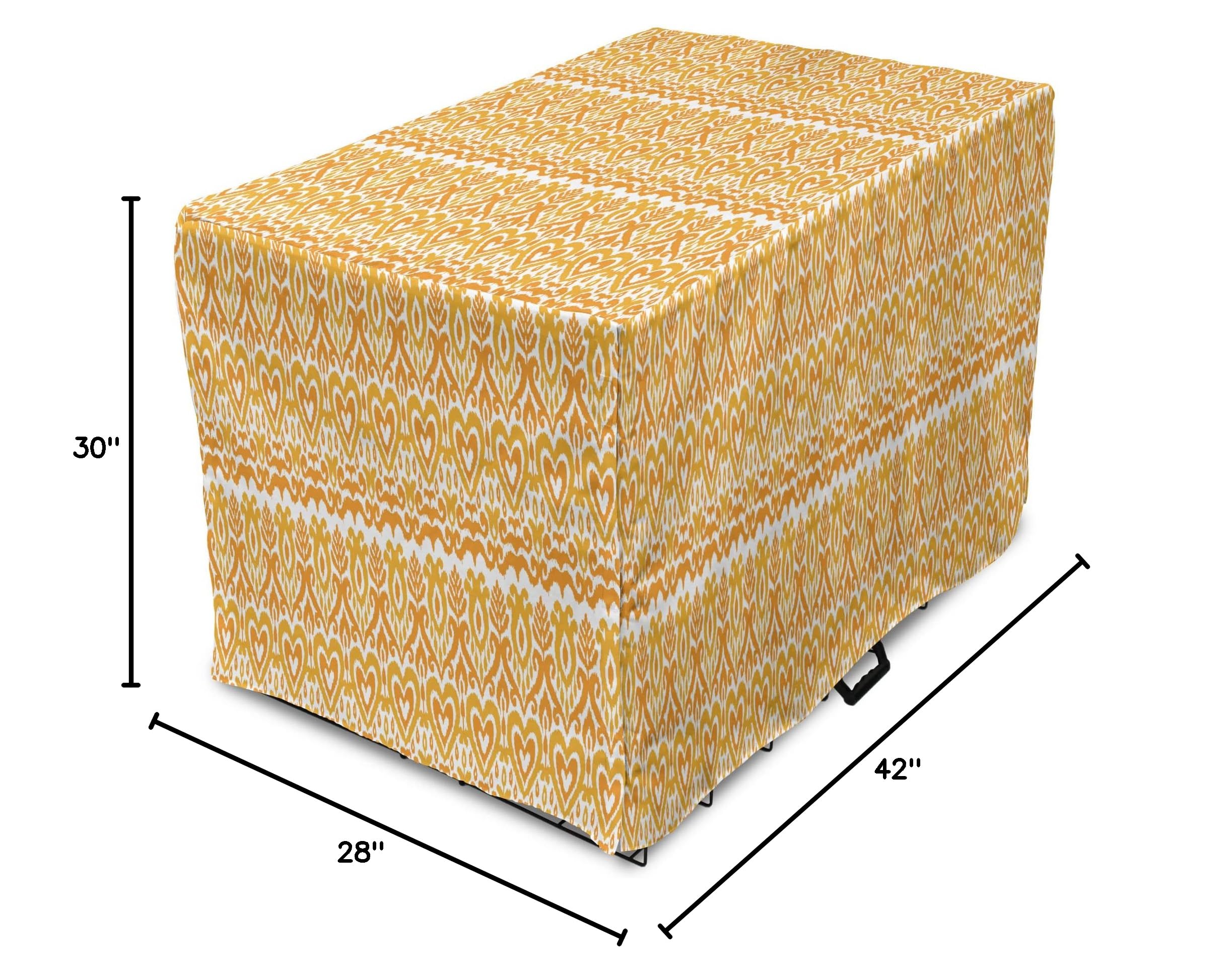 Lunarable Ikat Dog Crate Cover - Continuous Hearts & Ornaments Print on Plain Backdrop - Easy to Use Pet Kennel Cover for Medium & Large Dogs (42 Inch) - White Earth Yellow Marigold - Perfect for Home Decor & Pet Safety
