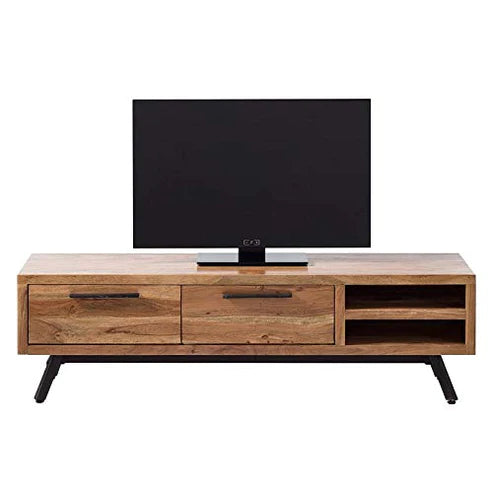 Gfine Solid Acacia Wood TV Stand with 2 Drawers - 160x40x60Cm Modern Entertainment Center for Living Room & Home Theater