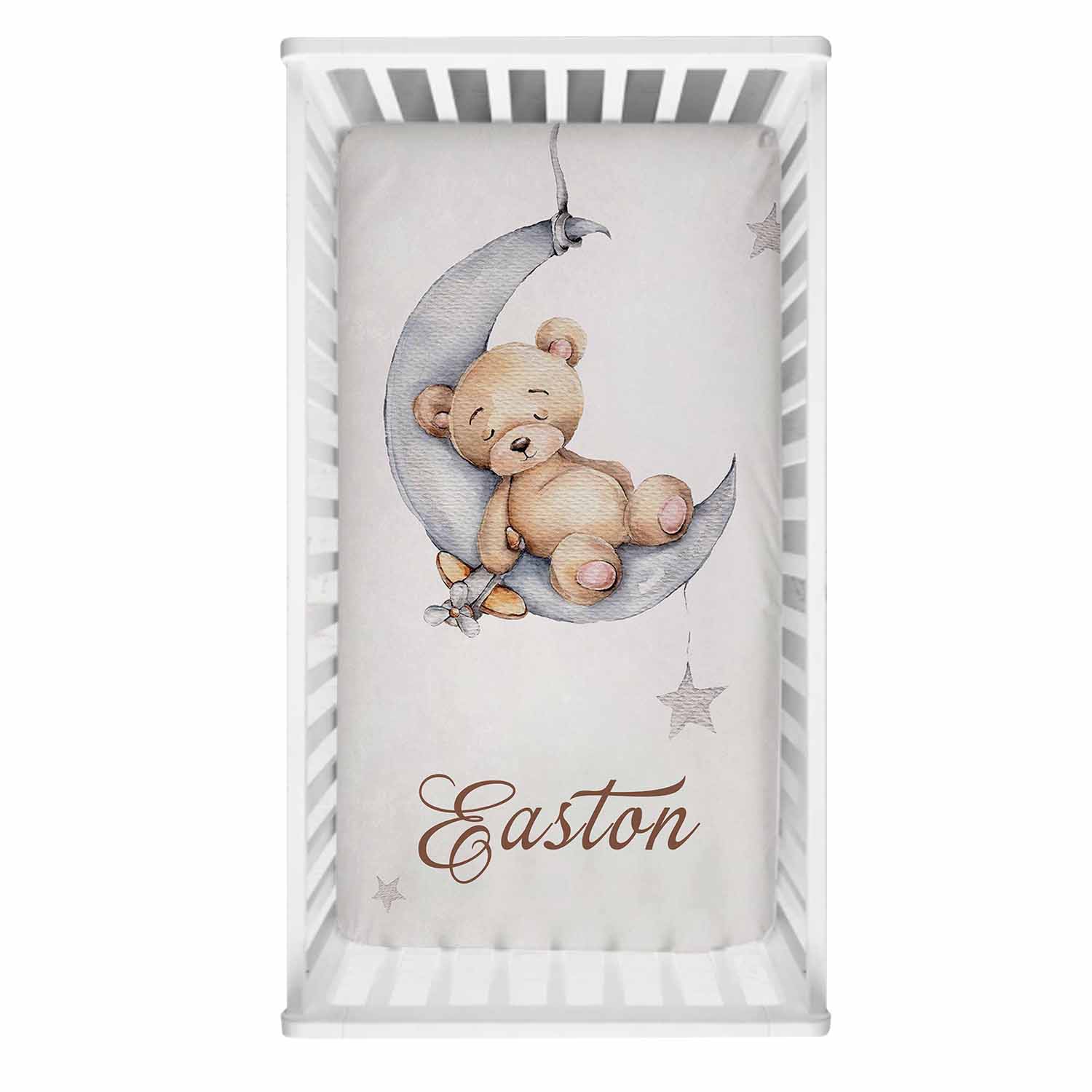 Sleepy Bear on Moon Baby Name Cot Bedding Set | Soft Nursery Bedding for Newborns | Perfect Baby Shower Gift | Cozy Crib Set for Nursery Decor & Sweet Dreams