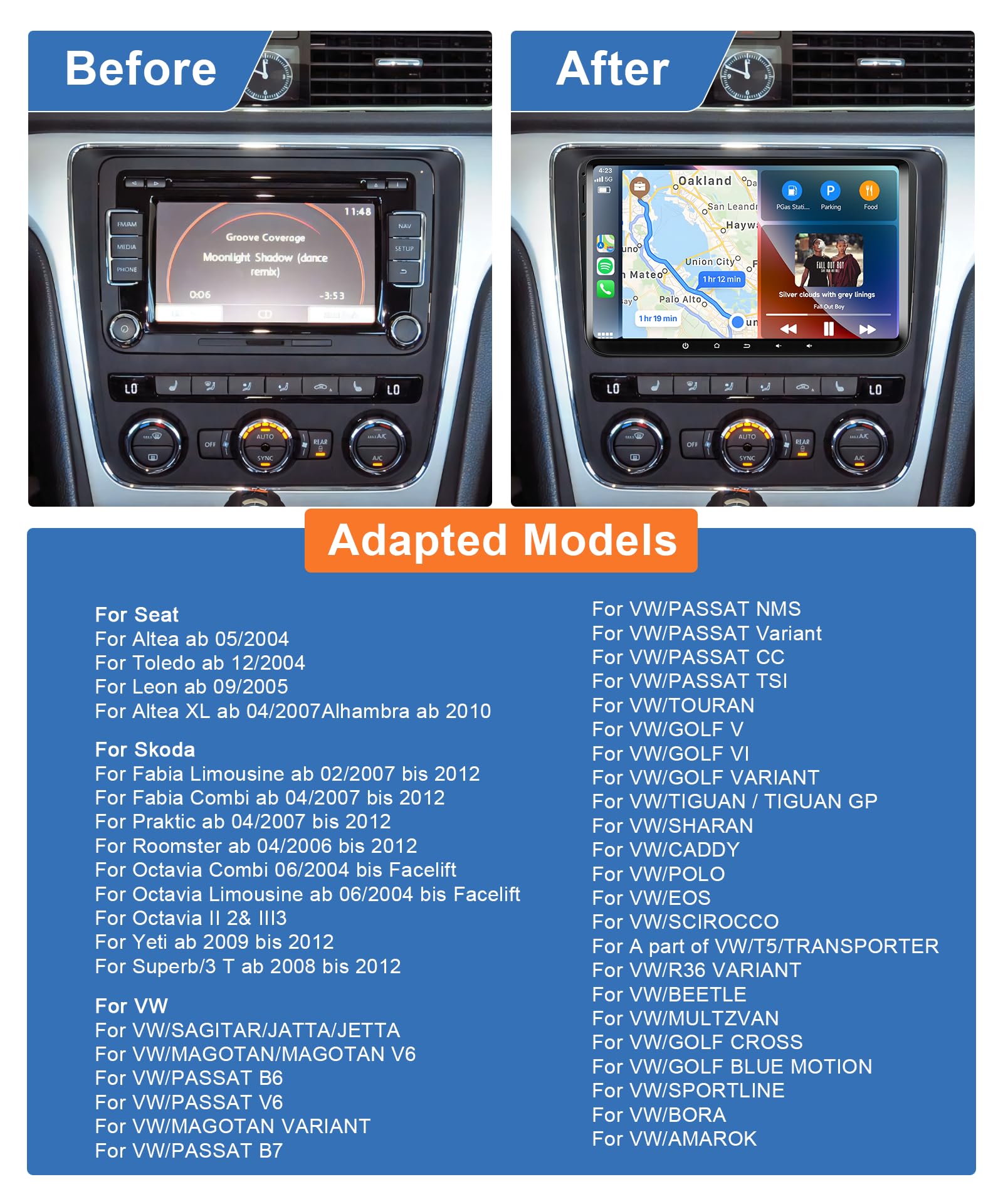 Rimoody 9 Inch 2 Din Android Car Stereo for VW Passat Jetta Golf Skoda Polo Tiguan Beetle - 2+64GB, Wireless CarPlay/Android Auto, Bluetooth, GPS, WiFi, AHD Backup Camera, MIC - Perfect for Upgrading Your VW Audio System & Safe Driving