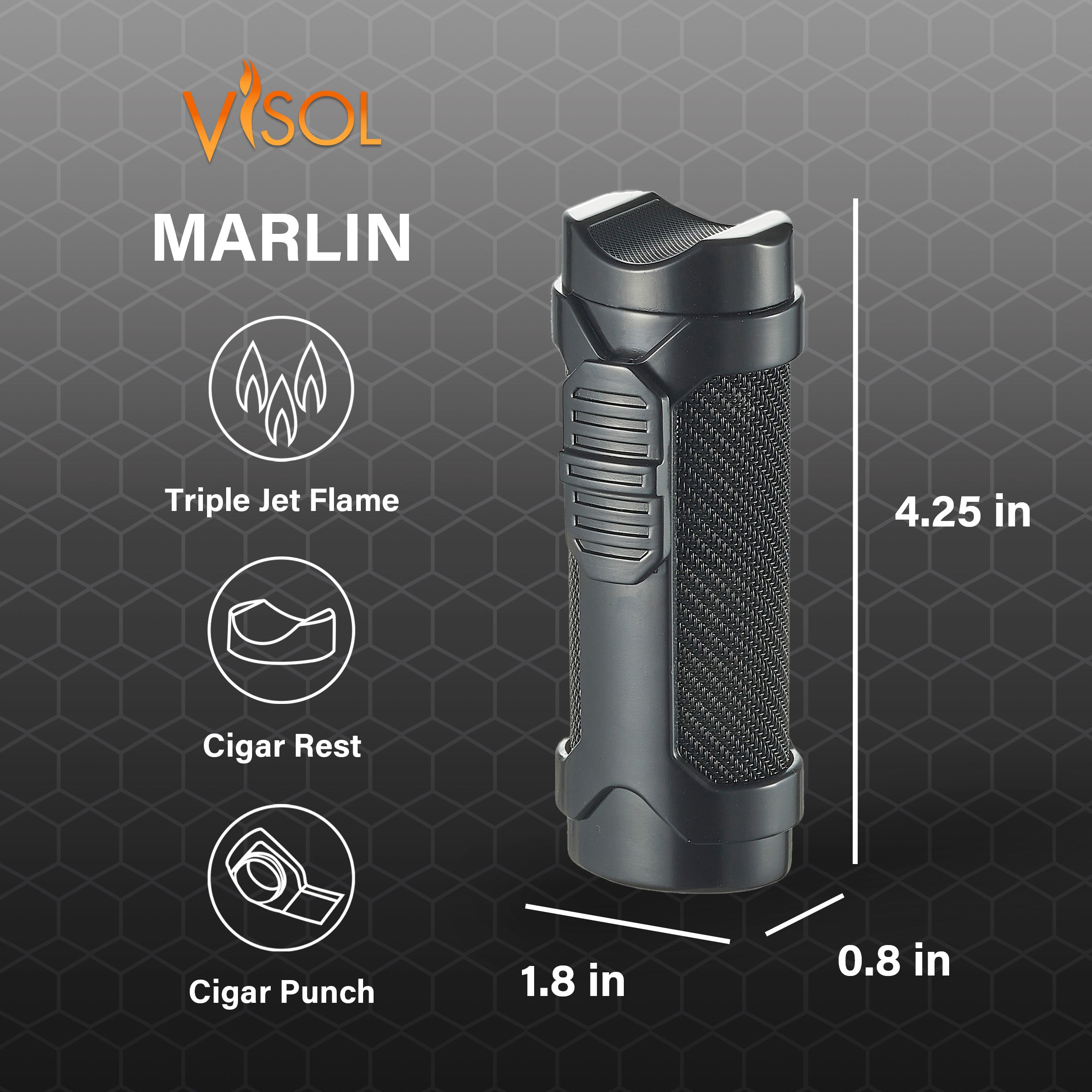 Visol Marlin Triple Flame Torch Lighter - Windproof Butane Lighter for Cigars, Camping & Outdoor Use (Black)