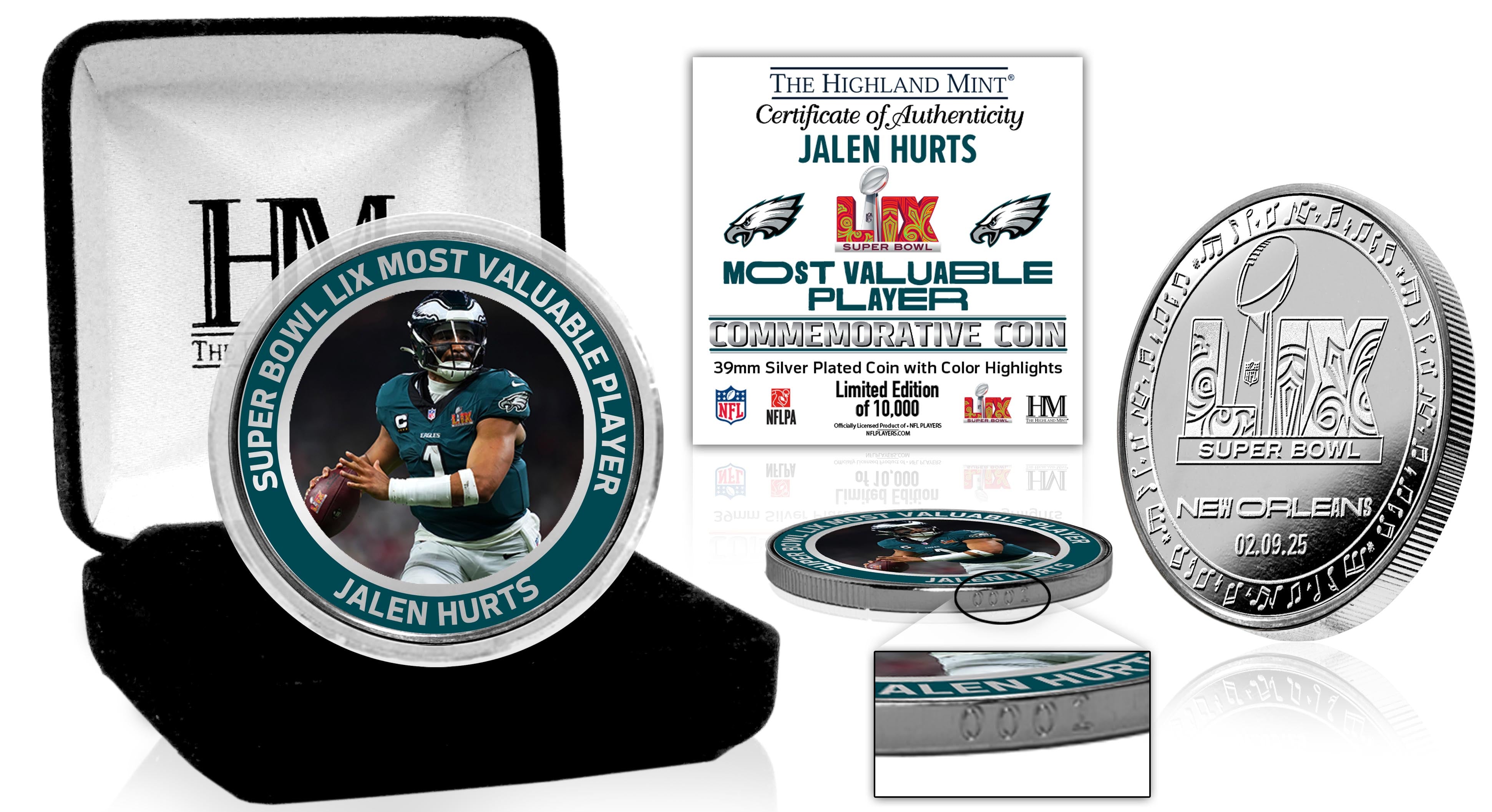 Philadelphia Eagles Super Bowl LIX MVP Jalen Hurts Commemorative Silver Coin - Limited Edition Collectible for Football Fans & Sports Memorabilia Enthusiasts - Perfect for Display Cases, Fan Caves, and Eagles Game Day Decor