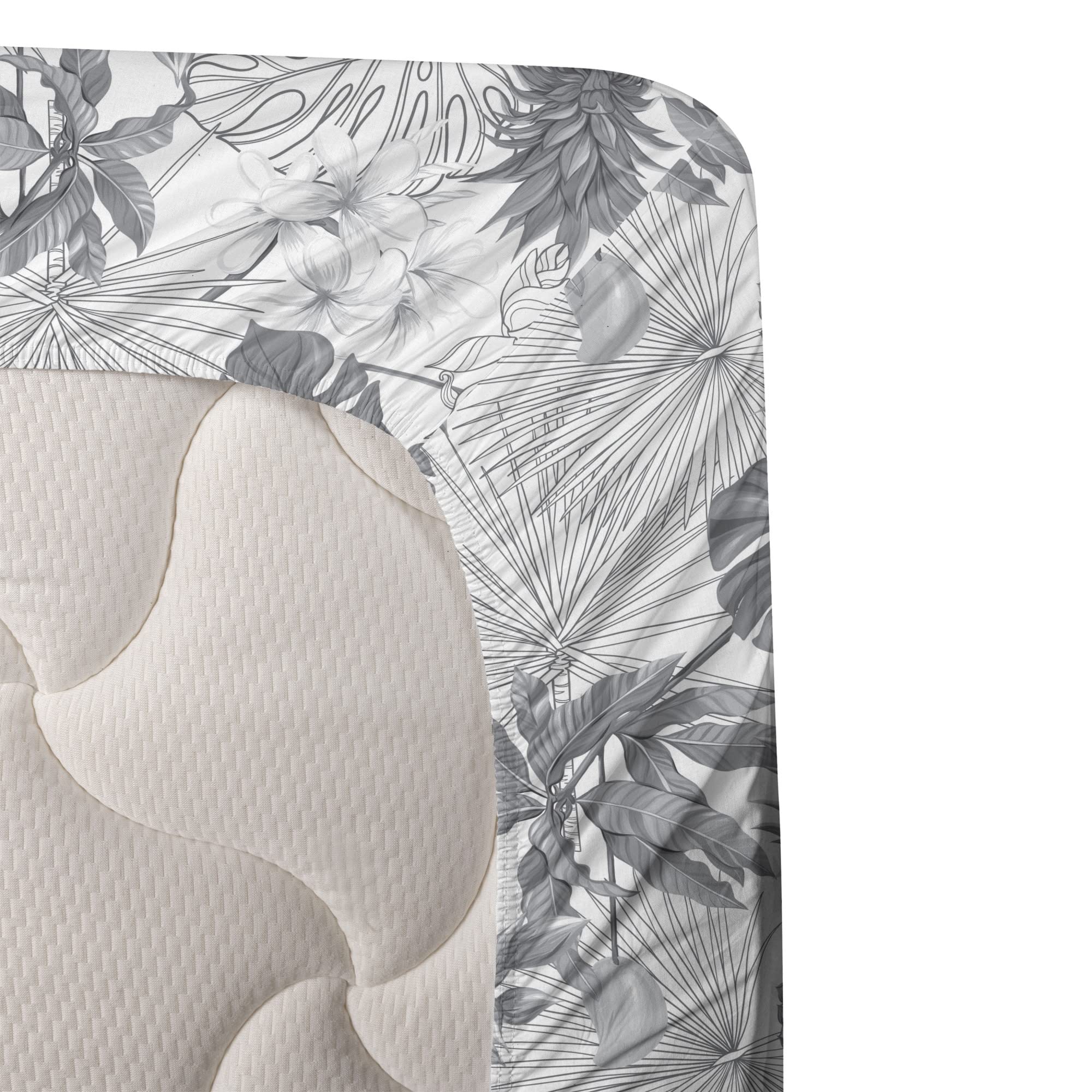 Ambesonne Tropical Sheet Set - Exotic Palm Leaves Hawaiian Greyscale Bedding 4-Piece Set (King Size, Dimmable White) | Soft & Breathable for Summer Nights, Beach House Decor, Luxury Hotel-Style Bedroom Upgrade