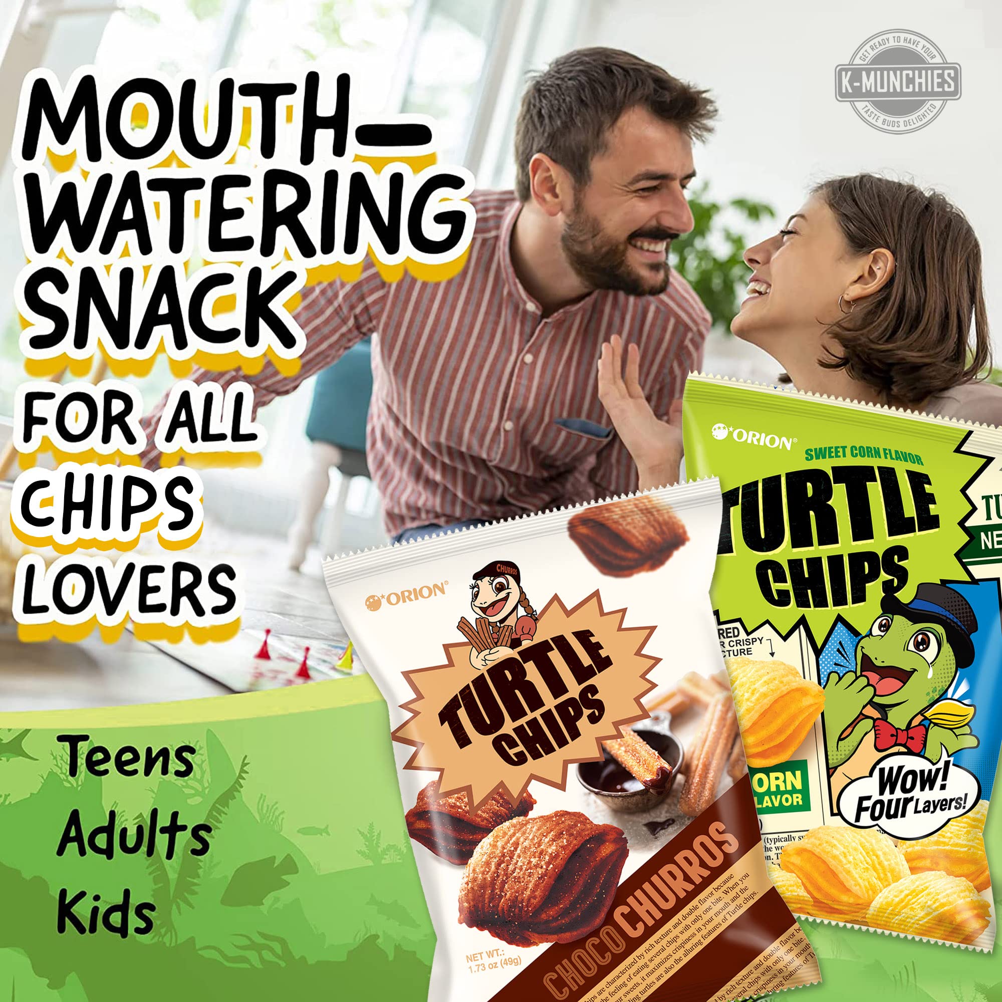K-Munchies Orion Turtle Chips - 6 Pack Variety Snack (Churro & Sweet Corn) - 49g Each - Korean Crispy Corn Snacks - Perfect for Lunch Box, Office Snacks & On-The-Go Treats