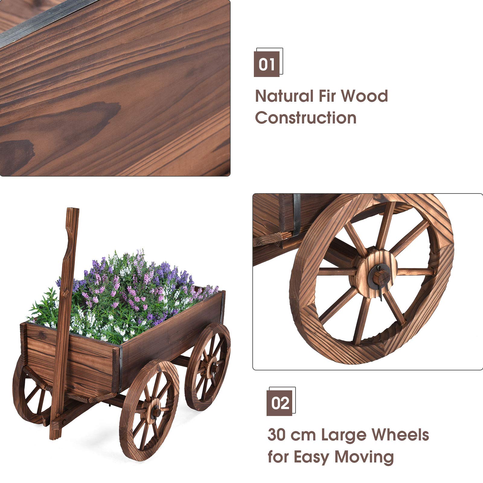 SAFSTAR Wooden Flower Planter Wagon with Wheels - Rustic Rolling Pot Stand for Outdoor Garden Decor - Perfect for Patio, Balcony & Backyard Plant Display