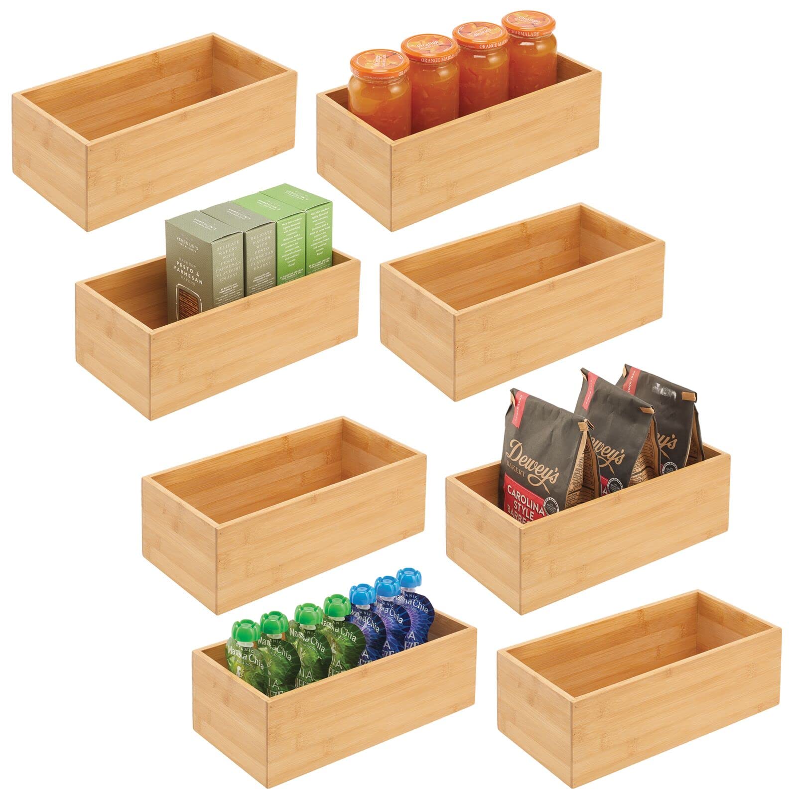 mDesign Bamboo Wooden Kitchen Organizer Storage Bin - 8 Pack Natural for Pantry, Drawer, Snacks, Juice Boxes, Utensils, Tea & Coffee Storage - Perfect for Home, Office, and Dorm Organization (Echo Collection)