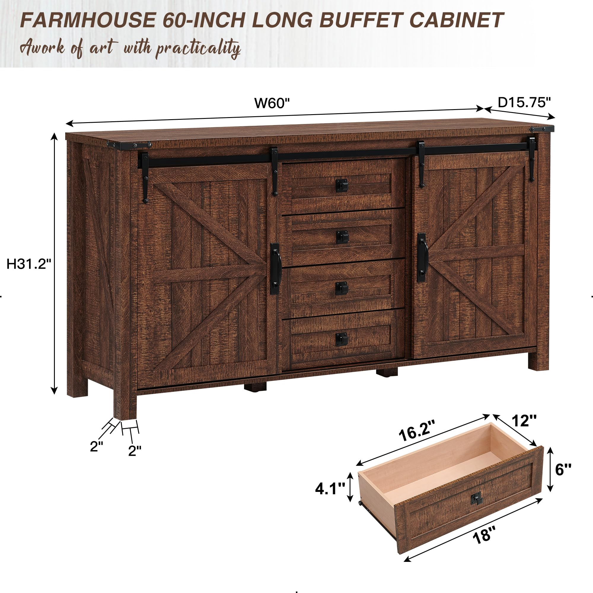 Farmhouse Sideboard Buffet Cabinet with Storage - 60