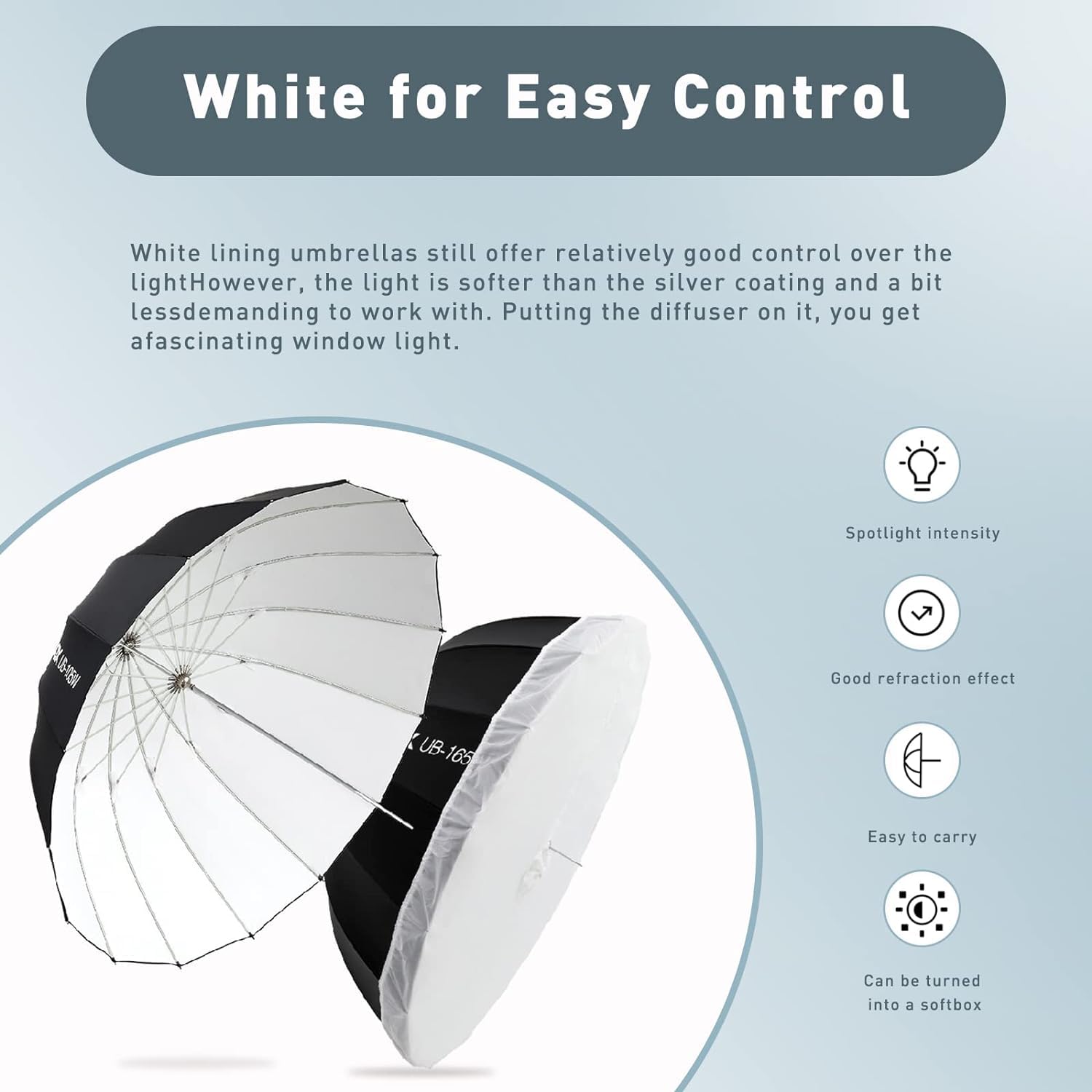Godox UB-165W 65-inch/165cm Parabolic Umbrella - Lightweight Professional Photography Lighting with Transparent Soft Diffuser - Perfect for Portrait, Fashion & Studio Photography - Black & White Design