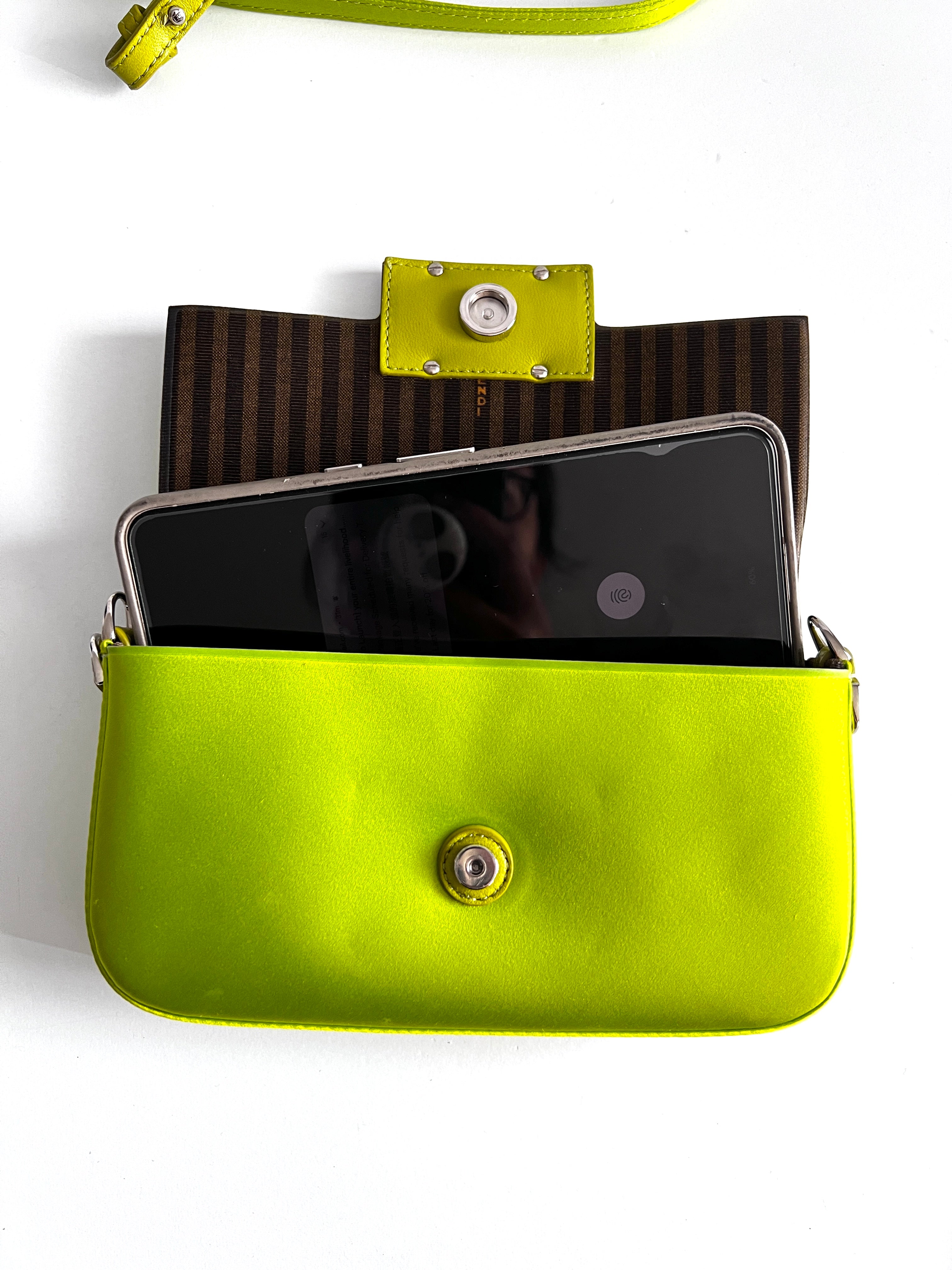 Fendi Neon Green Satin Shoulder Bag for Women | Luxury Designer Handbag for Evening Parties, Weddings & Special Occasions