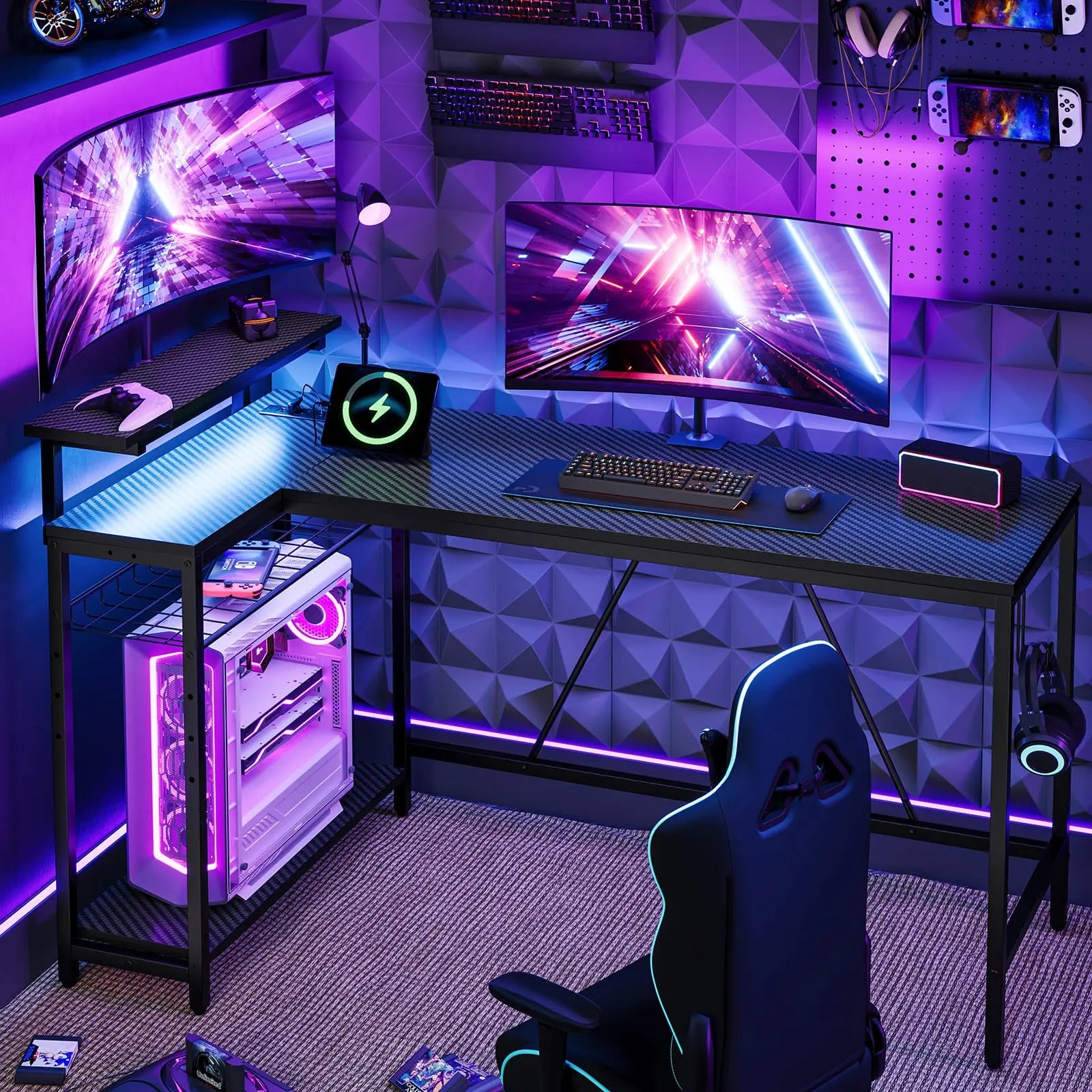 Bestier 58 Inch LED L-Shaped Gaming Desk with Shelves - Ergonomic Computer Desk for Home Office & Gaming Setup - Perfect for PC Gamers, Streamers & Remote Workers