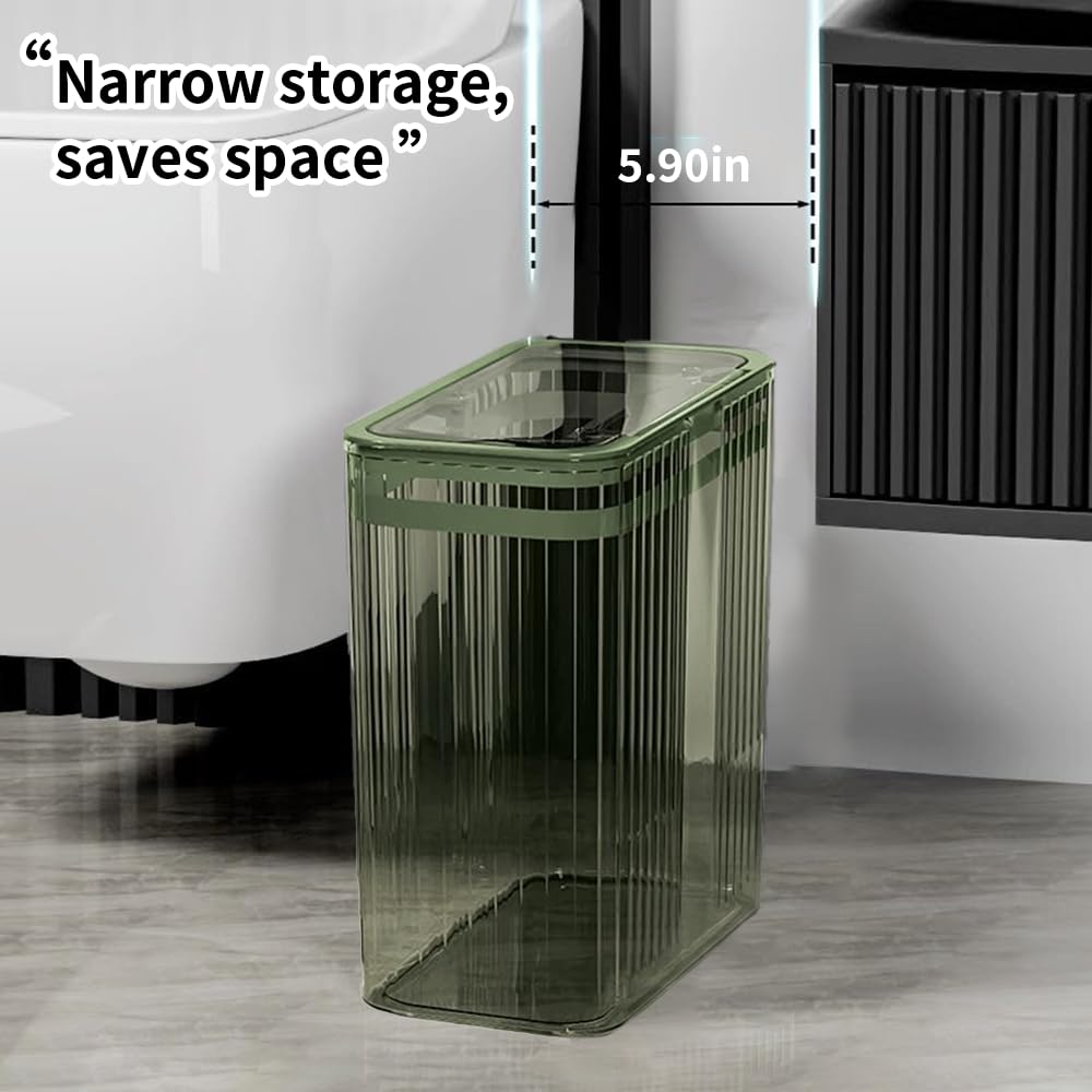 Clear Plastic Trash Can with Press-Top Lid - 3.5 Gallon (15L) Slim Waste Basket for Bathroom, Bedroom, Office & Kitchen - Eco-Friendly Green Garbage Bin for Home Use - Perfect for Small Spaces & Odor Control