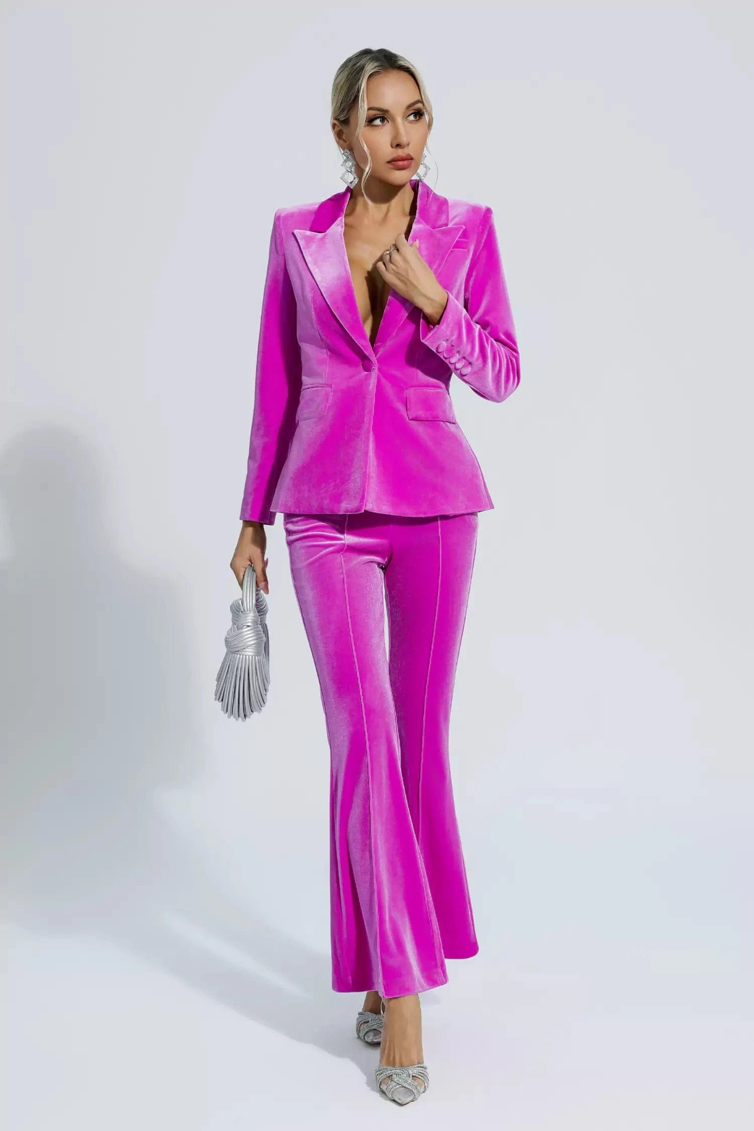 Fuchsia 2-Piece Velvet Single Button Slim Fit Women's Business Suit Set - Perfect for Office Wear, Formal Events & Professional Occasions