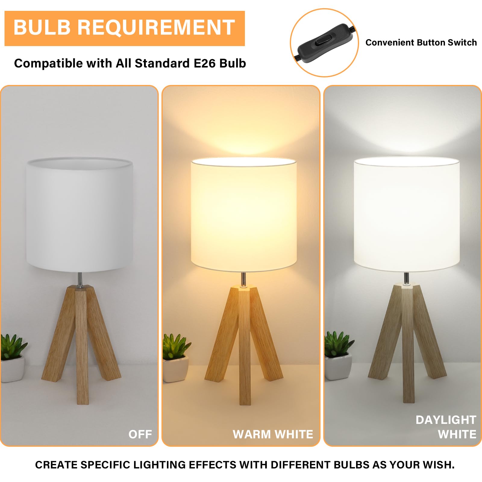 Small Wood Tripod Table Lamp with White Fabric Shade - Minimalist Boho Nightstand Lamp for Bedroom, Living Room, Nursery, Kids Room, Office & Dorm - Perfect for Reading, Relaxing & Decorating